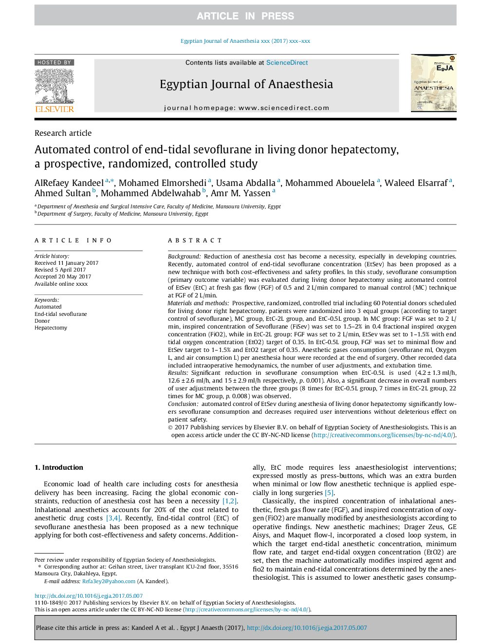 عکس صفحه اول مقاله: Automated control of end-tidal sevoflurane in living donor hepatectomy, a prospective, randomized, controlled study Automated control of end-tidal sevoflurane in living donor hepatectomy, a prospective, randomized, controlled study