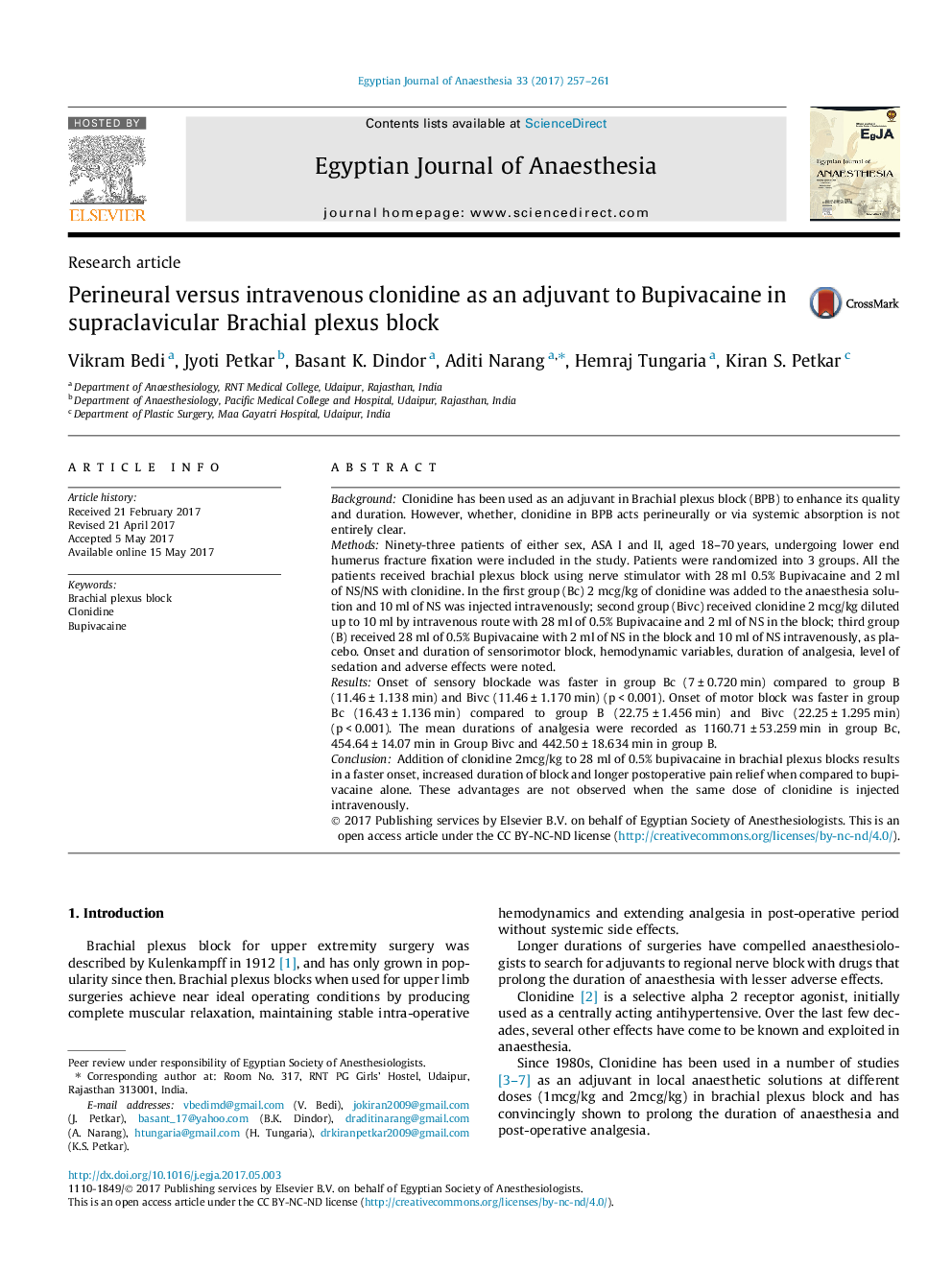 Perineural versus intravenous clonidine as an adjuvant to Bupivacaine in supraclavicular Brachial plexus block