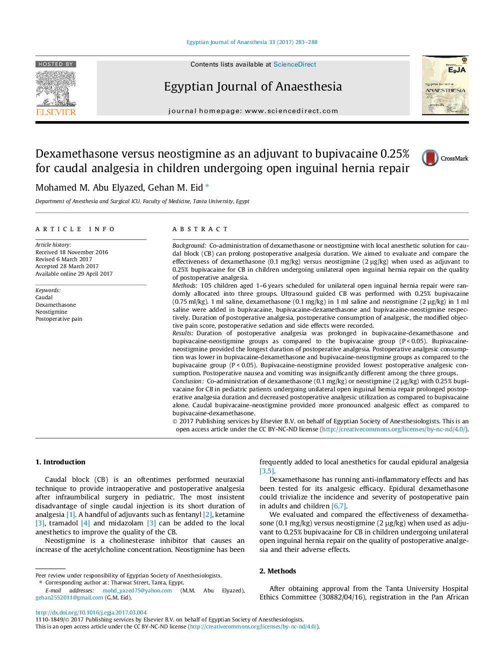 Dexamethasone versus neostigmine as an adjuvant to bupivacaine 0.25% for caudal analgesia in children undergoing open inguinal hernia repair