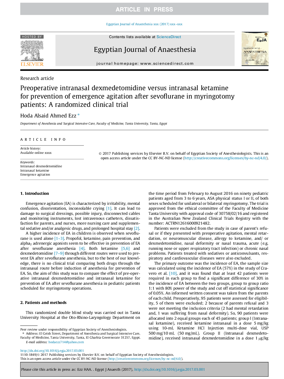 Preoperative intranasal dexmedetomidine versus intranasal ketamine for prevention of emergence agitation after sevoflurane in myringotomy patients: A randomized clinical trial