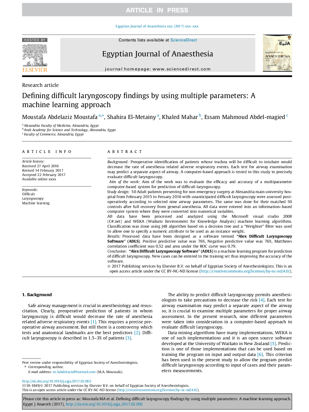 Defining difficult laryngoscopy findings by using multiple parameters: A machine learning approach