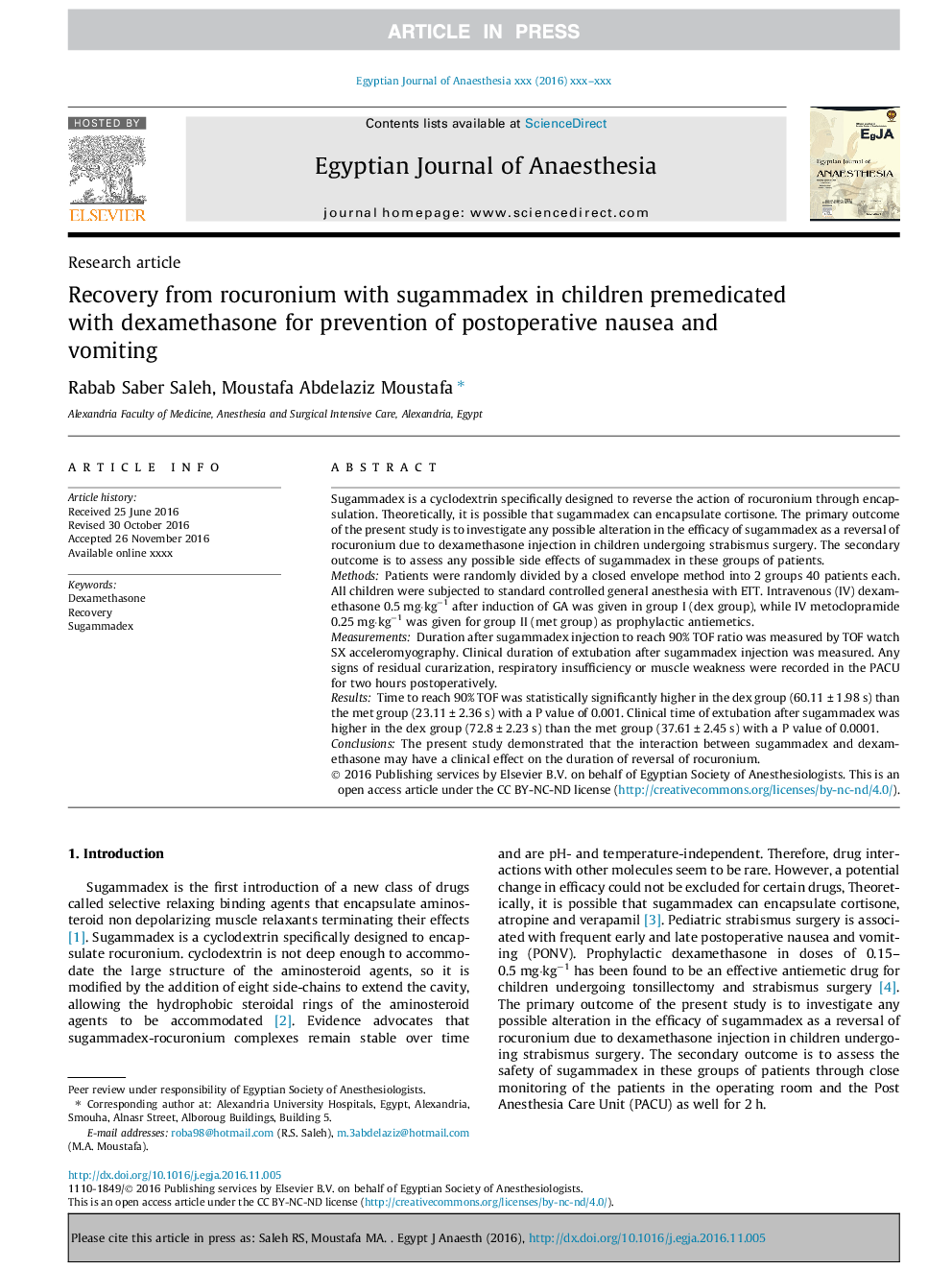 Recovery from rocuronium with sugammadex in children premedicated with dexamethasone for prevention of postoperative nausea and vomiting