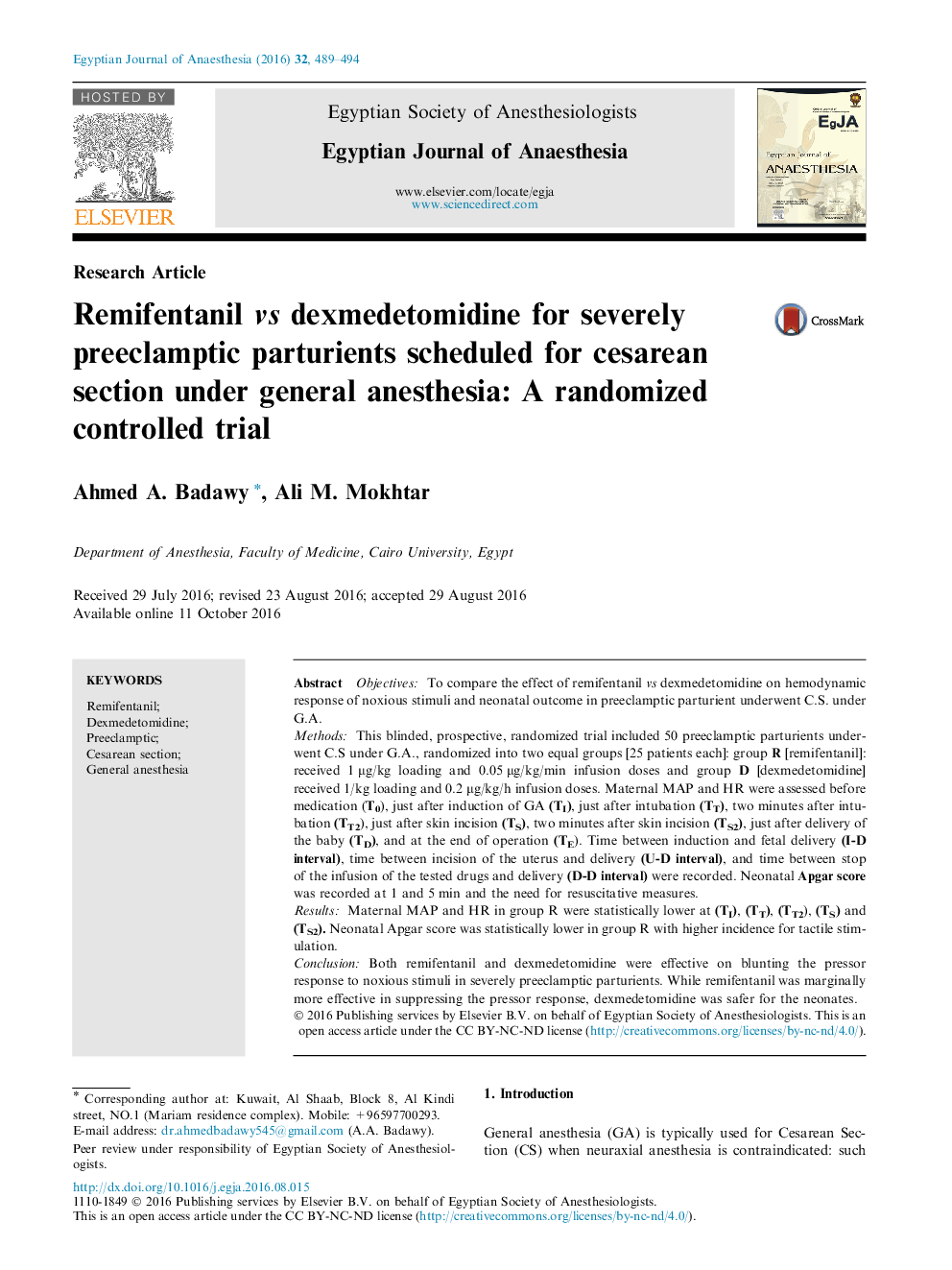 Remifentanil vs dexmedetomidine for severely preeclamptic parturients scheduled for cesarean section under general anesthesia: A randomized controlled trial