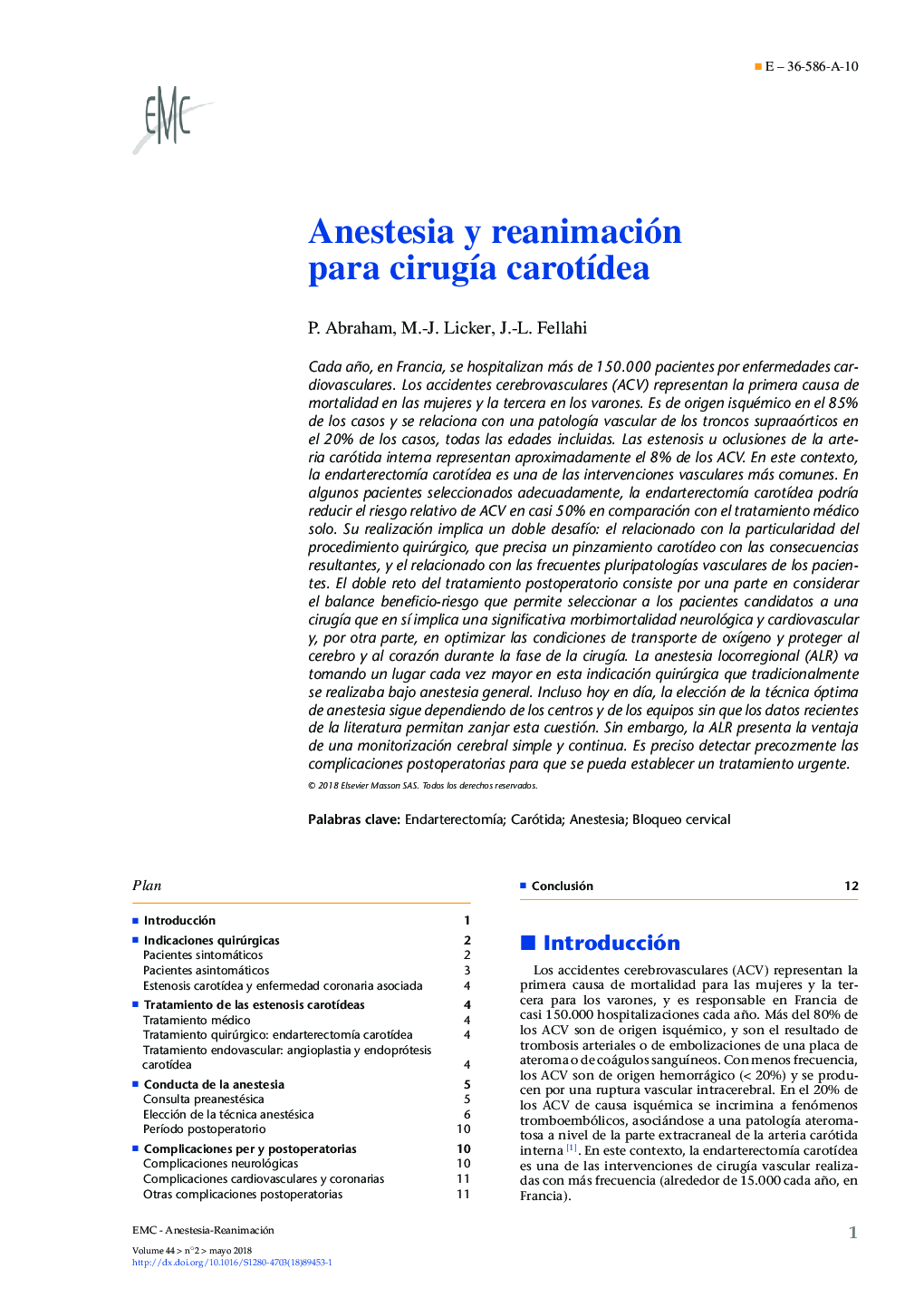 Anestesia y reanimación para cirugÃ­a carotÃ­dea