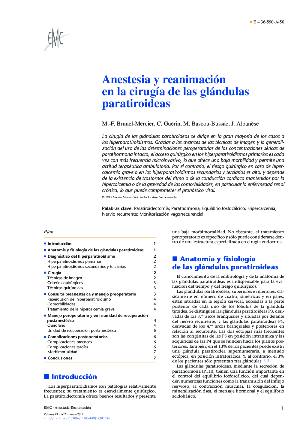 Anestesia y reanimación en la cirugÃ­a de las glándulas paratiroideas
