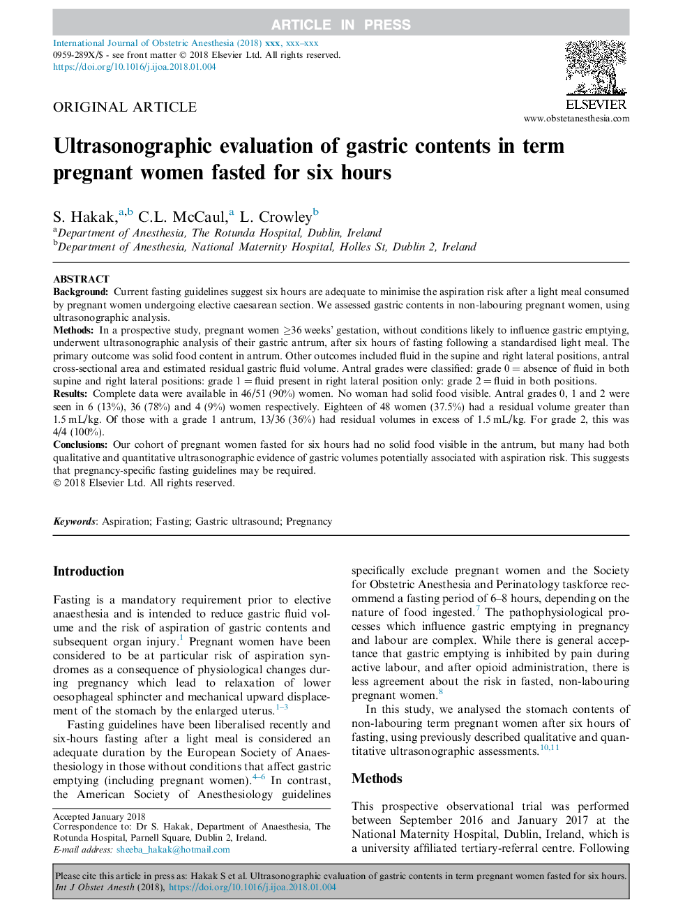 Ultrasonographic evaluation of gastric contents in term pregnant women fasted for six hours