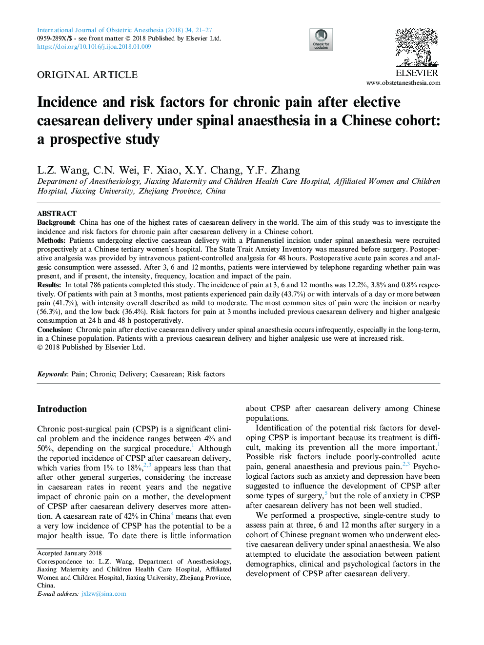 Incidence and risk factors for chronic pain after elective caesarean delivery under spinal anaesthesia in a Chinese cohort: a prospective study