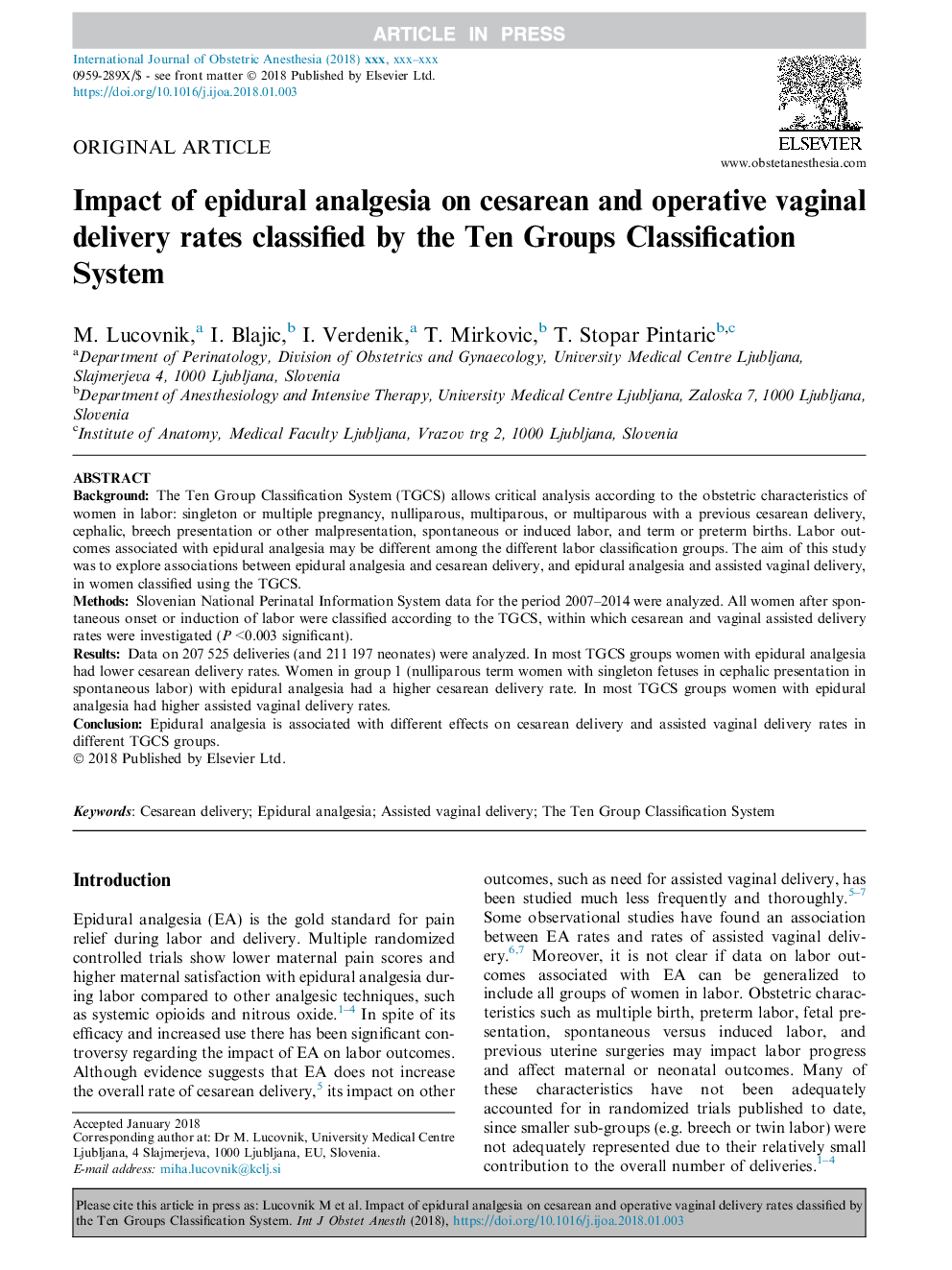 Impact of epidural analgesia on cesarean and operative vaginal delivery rates classified by the Ten Groups Classification System