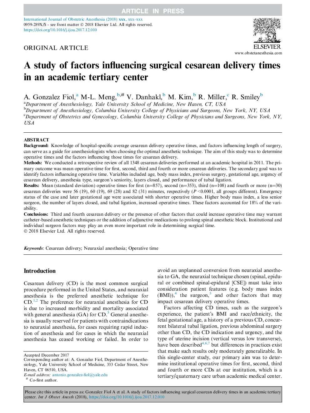 A study of factors influencing surgical cesarean delivery times in an academic tertiary center