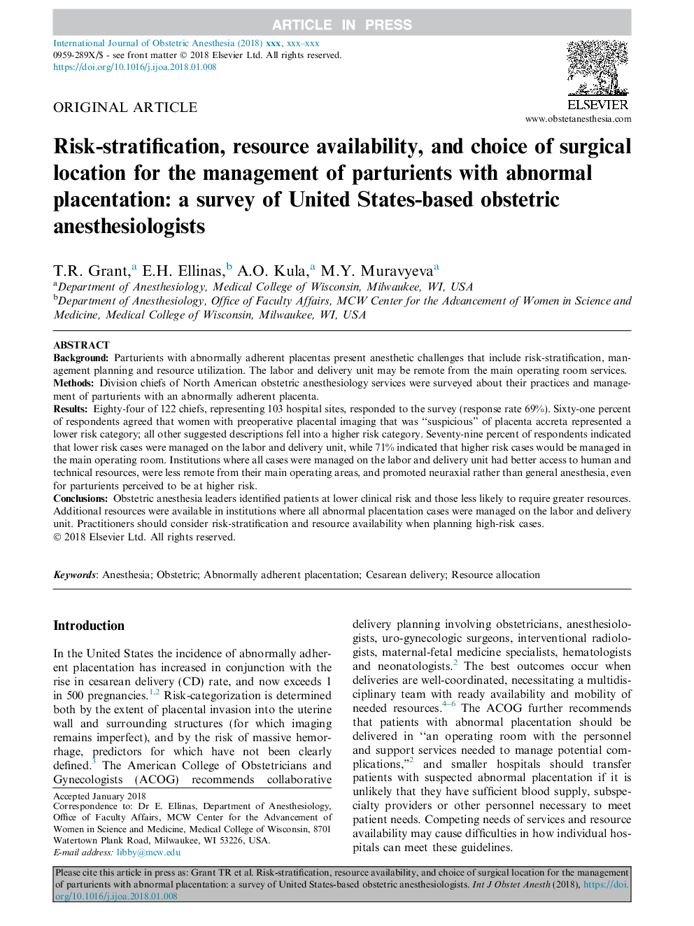 Risk-stratification, resource availability, and choice of surgical location for the management of parturients with abnormal placentation: a survey of United States-based obstetric anesthesiologists