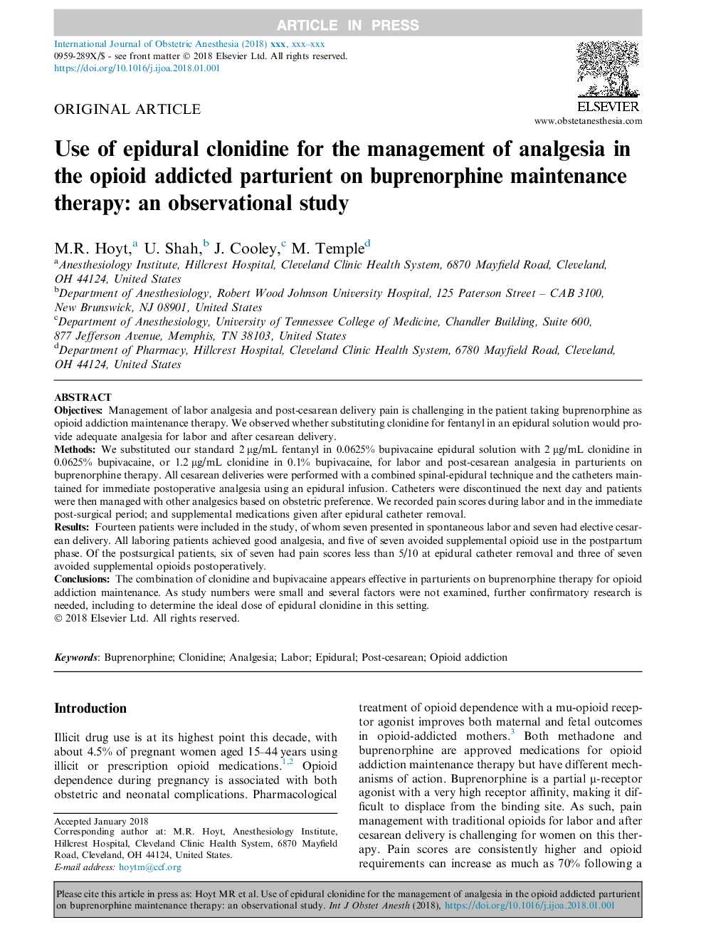 Use of epidural clonidine for the management of analgesia in the opioid addicted parturient on buprenorphine maintenance therapy: an observational study