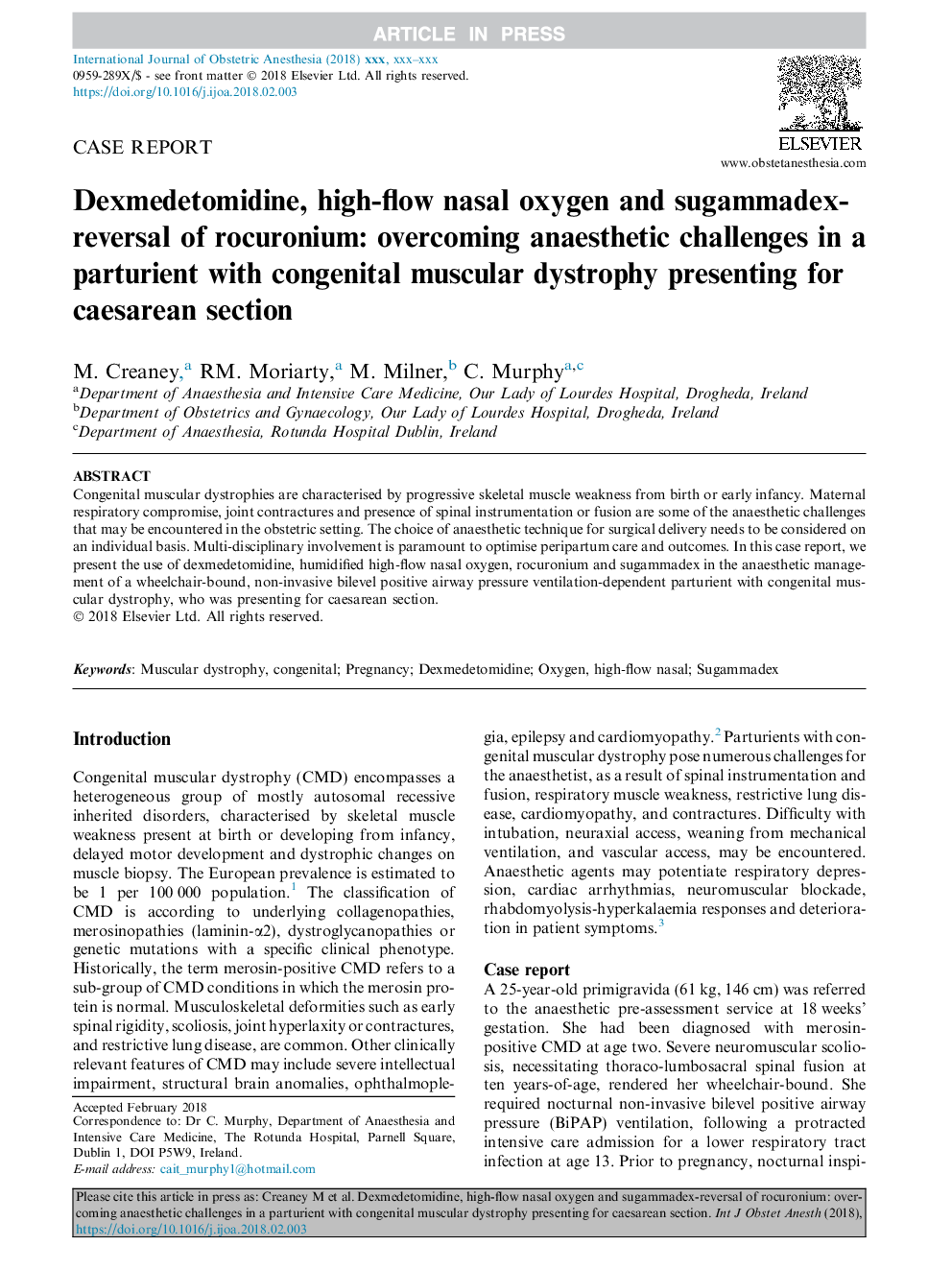 Dexmedetomidine, high-flow nasal oxygen and sugammadex-reversal of rocuronium: overcoming anaesthetic challenges in a parturient with congenital muscular dystrophy presenting for caesarean section