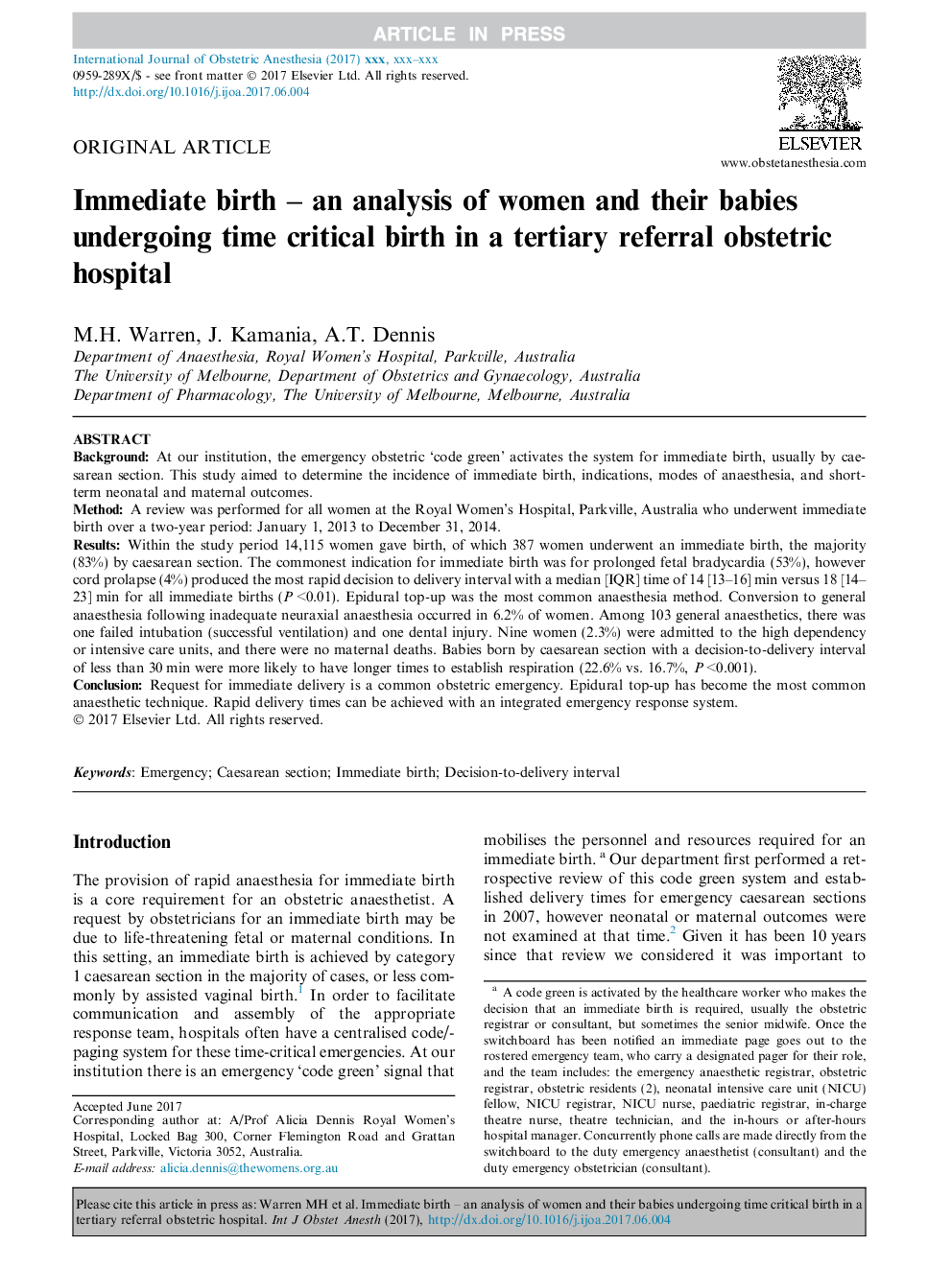 Immediate birth - an analysis of women and their babies undergoing time critical birth in a tertiary referral obstetric hospital