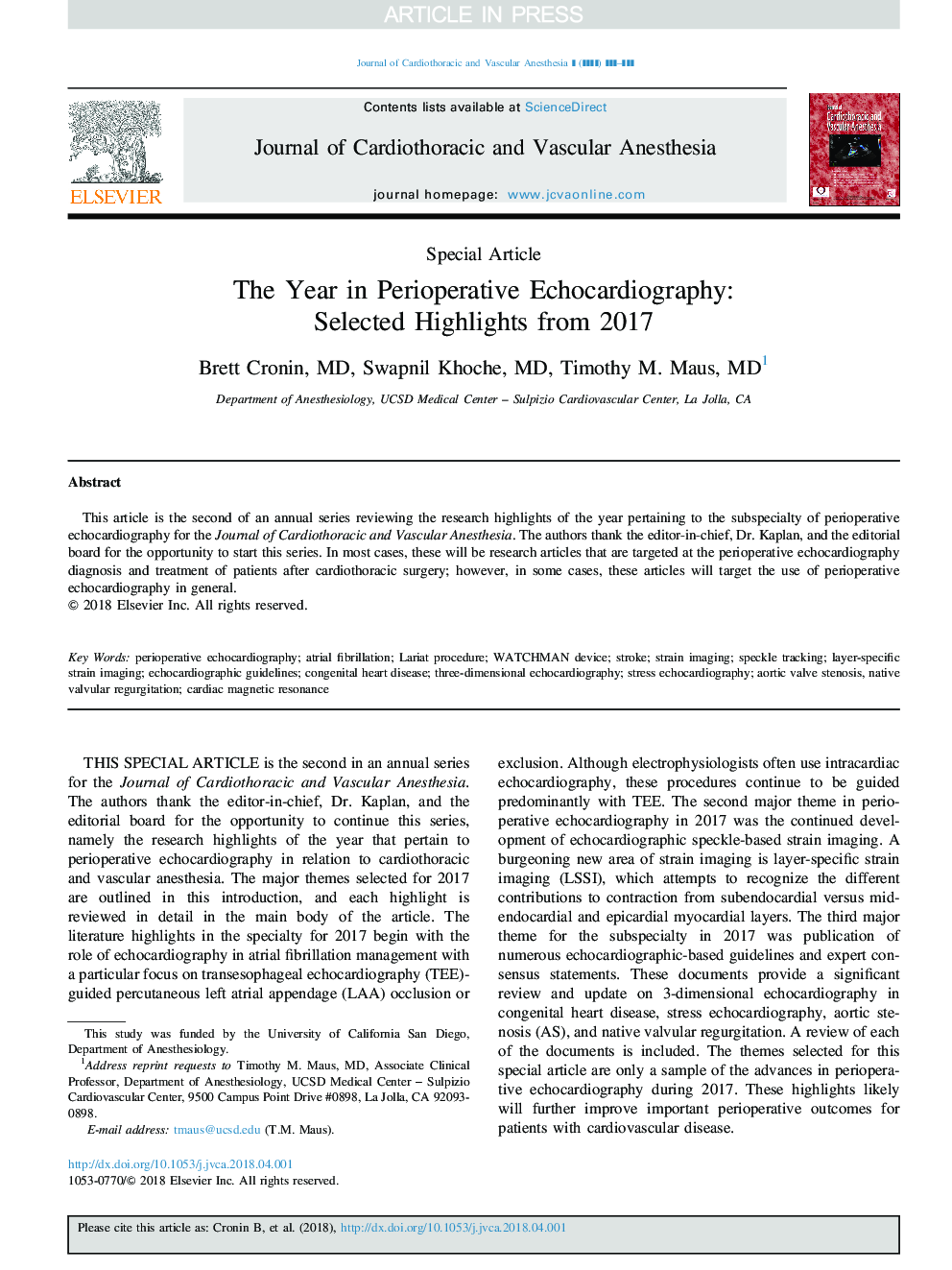 The Year in Perioperative Echocardiography: Selected Highlights from 2017