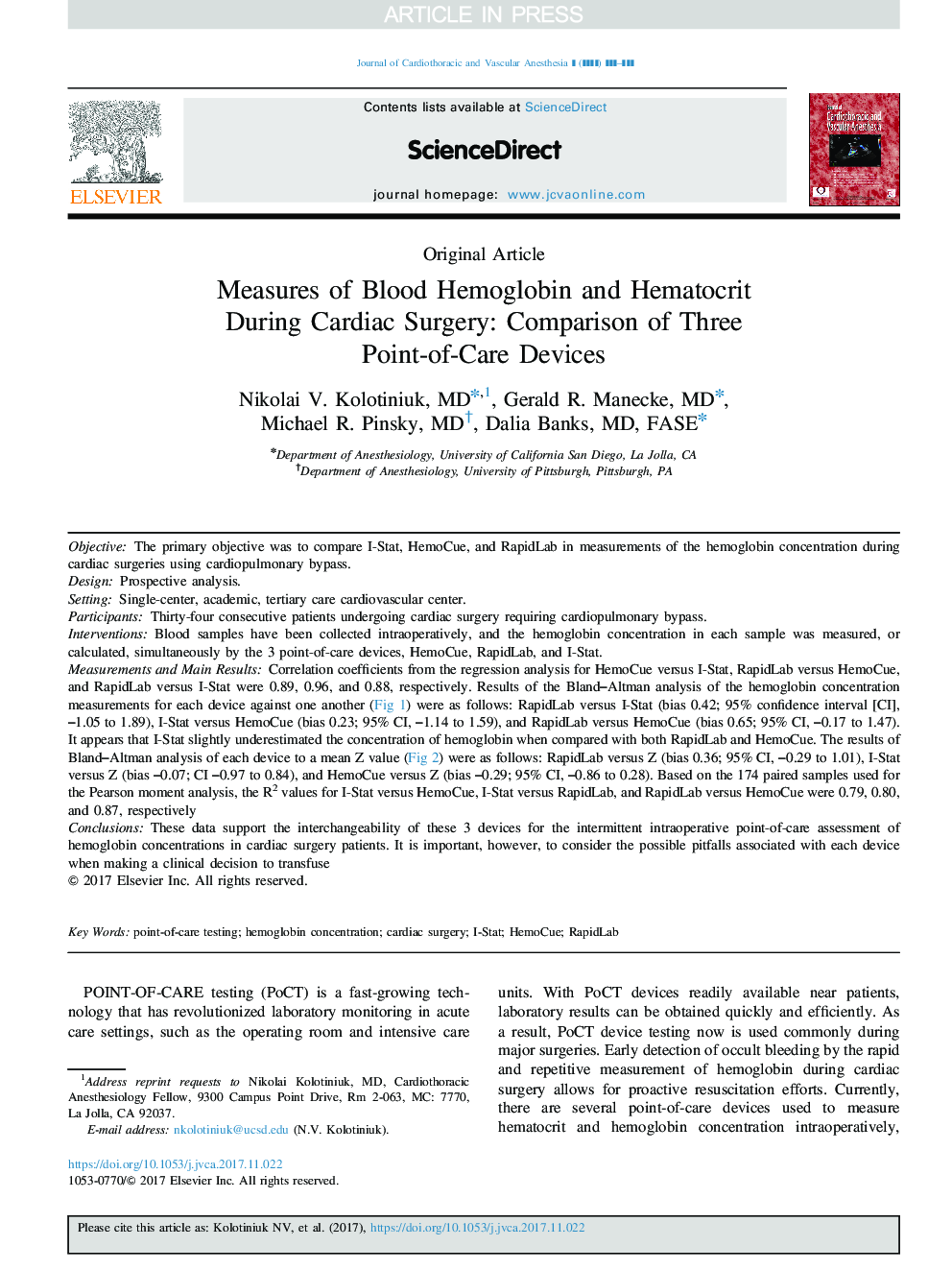 Measures of Blood Hemoglobin and Hematocrit During Cardiac Surgery: Comparison of Three Point-of-Care Devices