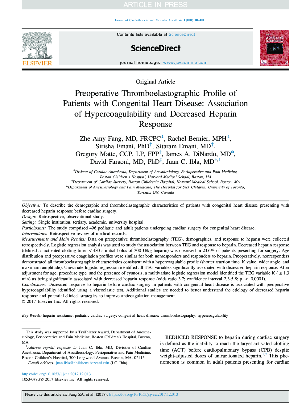 Preoperative Thromboelastographic Profile of Patients with Congenital Heart Disease: Association of Hypercoagulability and Decreased Heparin Response
