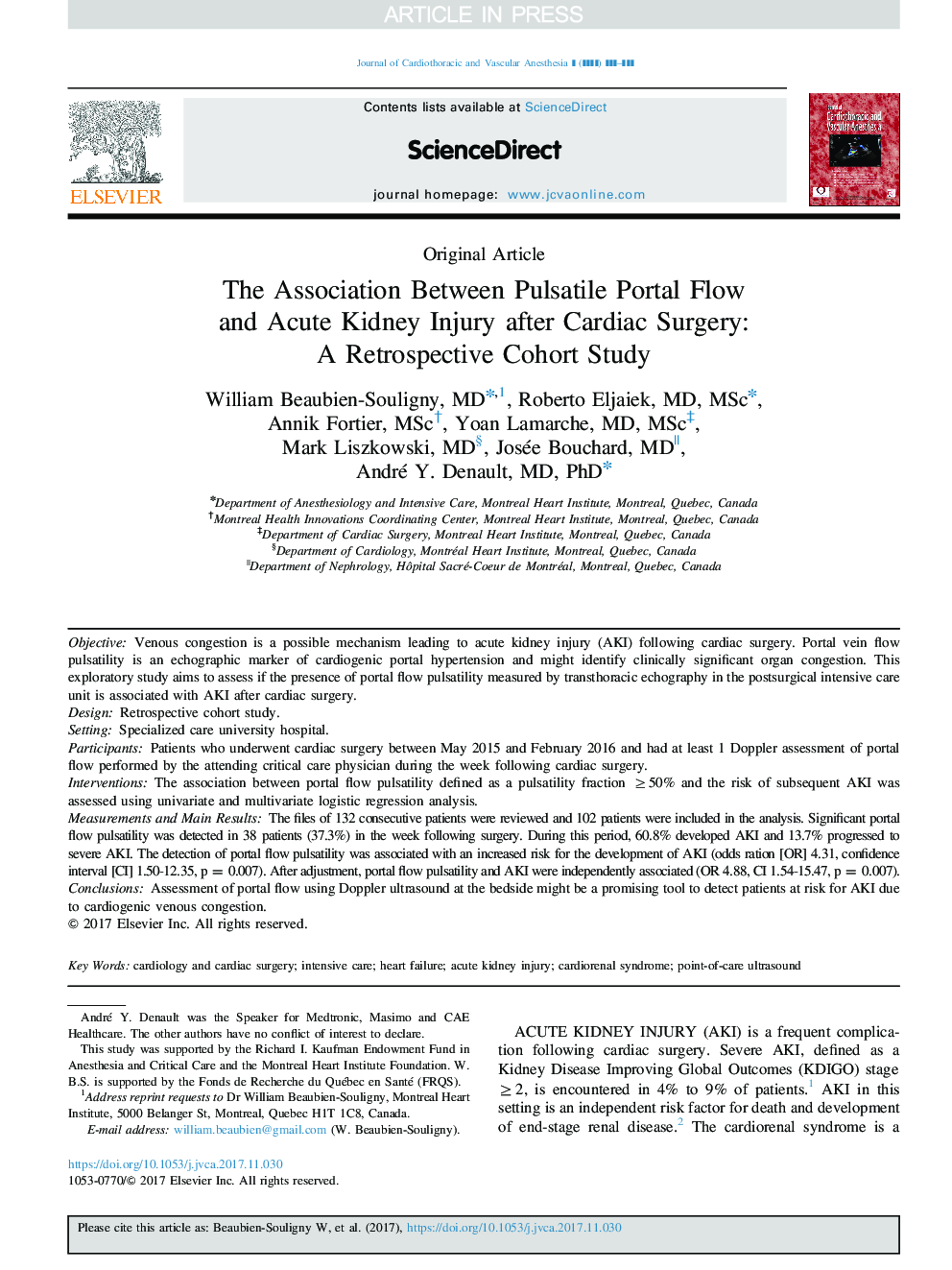 ارتباط بین جریان پورتال پرکالری و آسیب کلیه حاد پس از جراحی قلب: یک مطالعه همگروهی یکپارچه 
