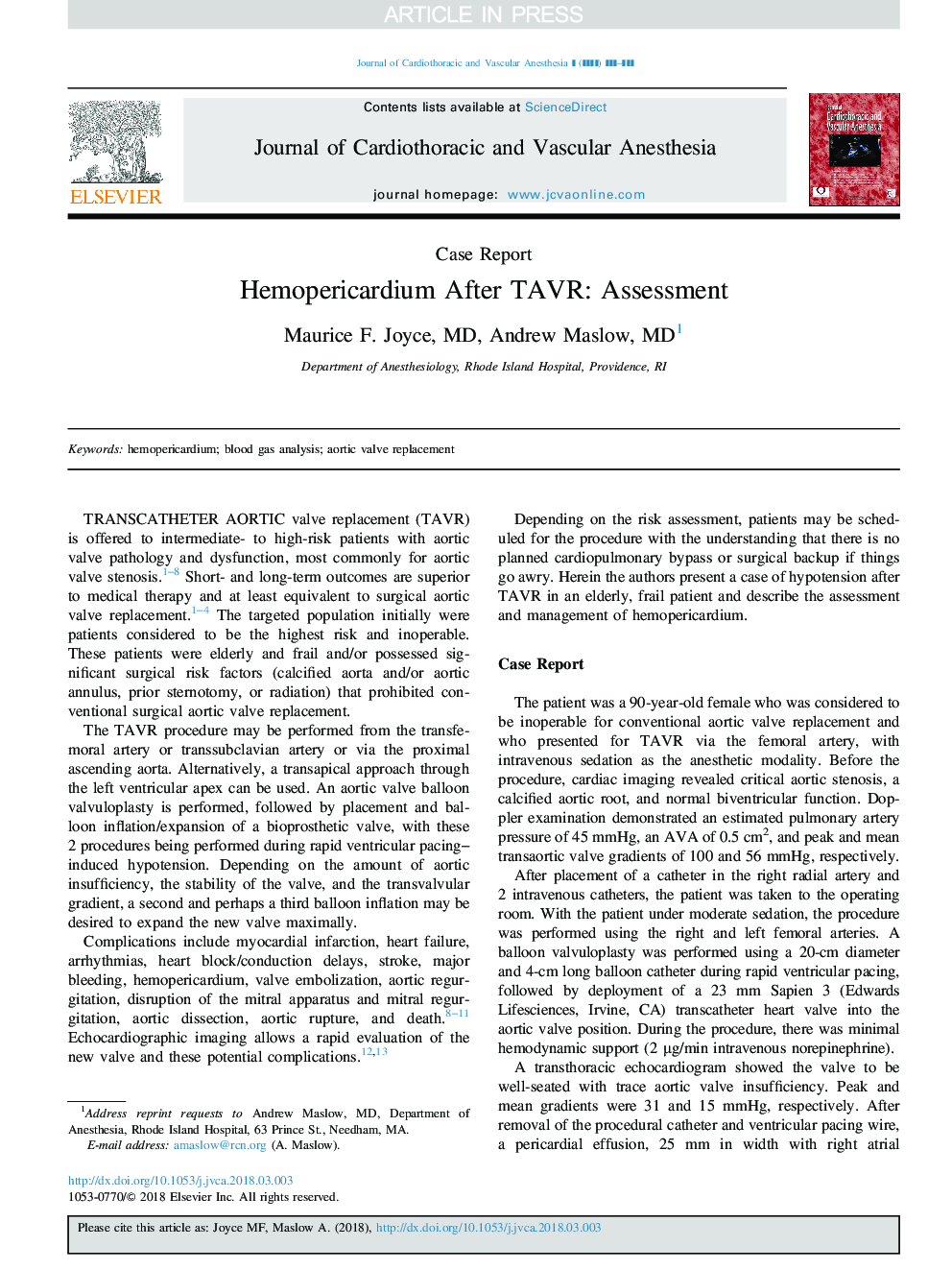 Hemopericardium After TAVR: Assessment