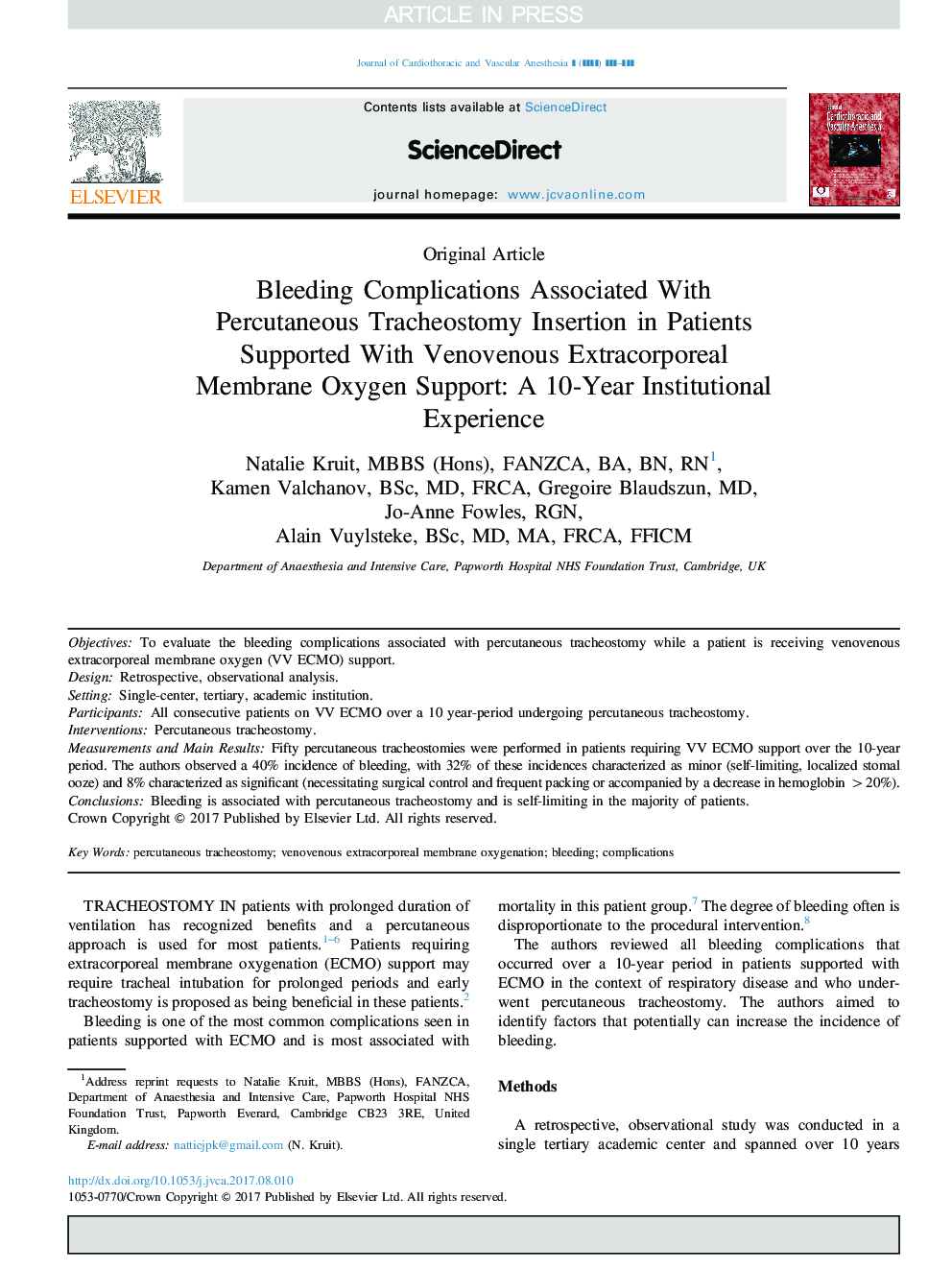Bleeding Complications Associated With Percutaneous Tracheostomy Insertion in Patients Supported With Venovenous Extracorporeal Membrane Oxygen Support: A 10-Year Institutional Experience