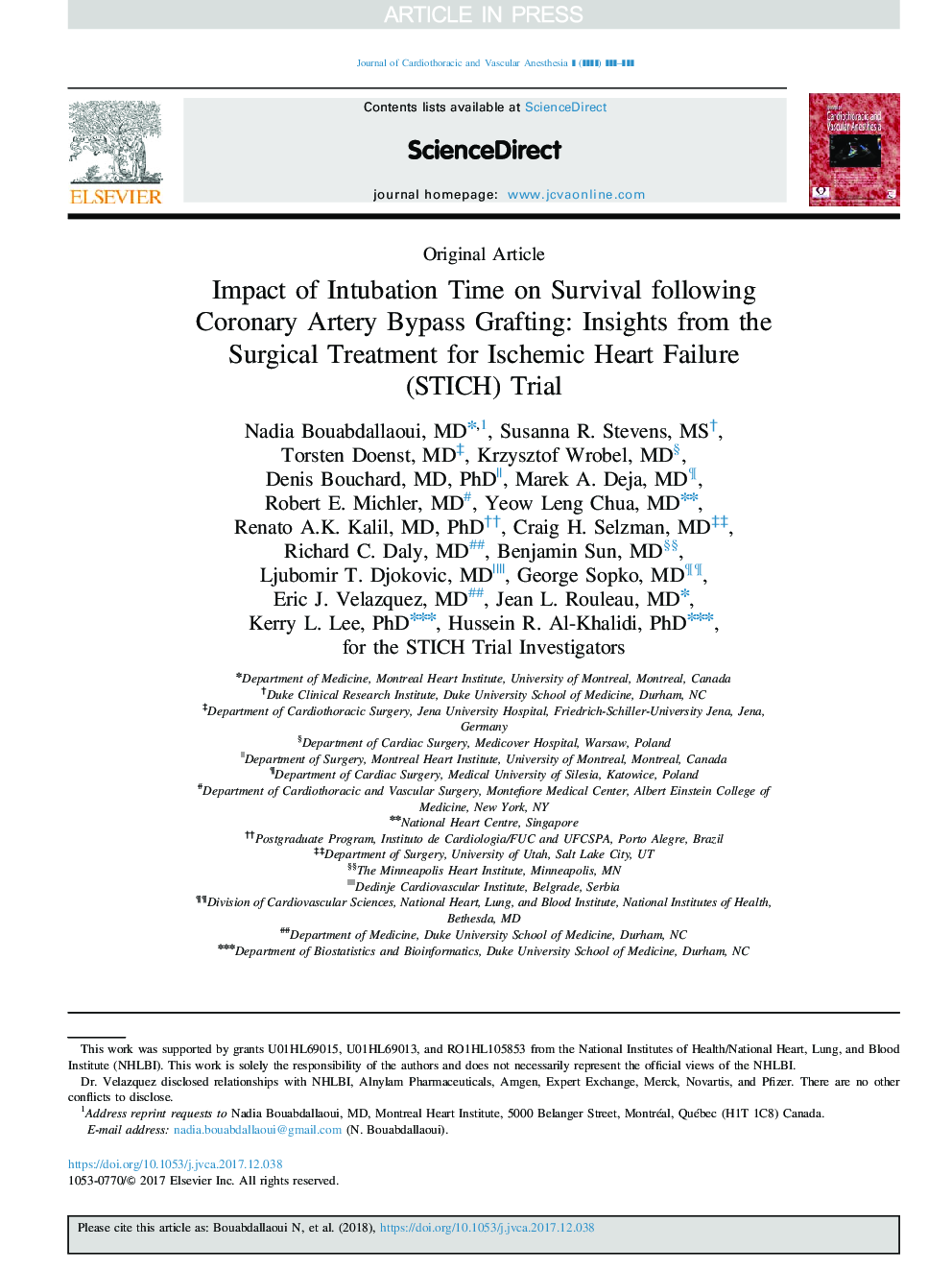 Impact of Intubation Time on Survival following Coronary Artery Bypass Grafting: Insights from the Surgical Treatment for Ischemic Heart Failure (STICH) Trial