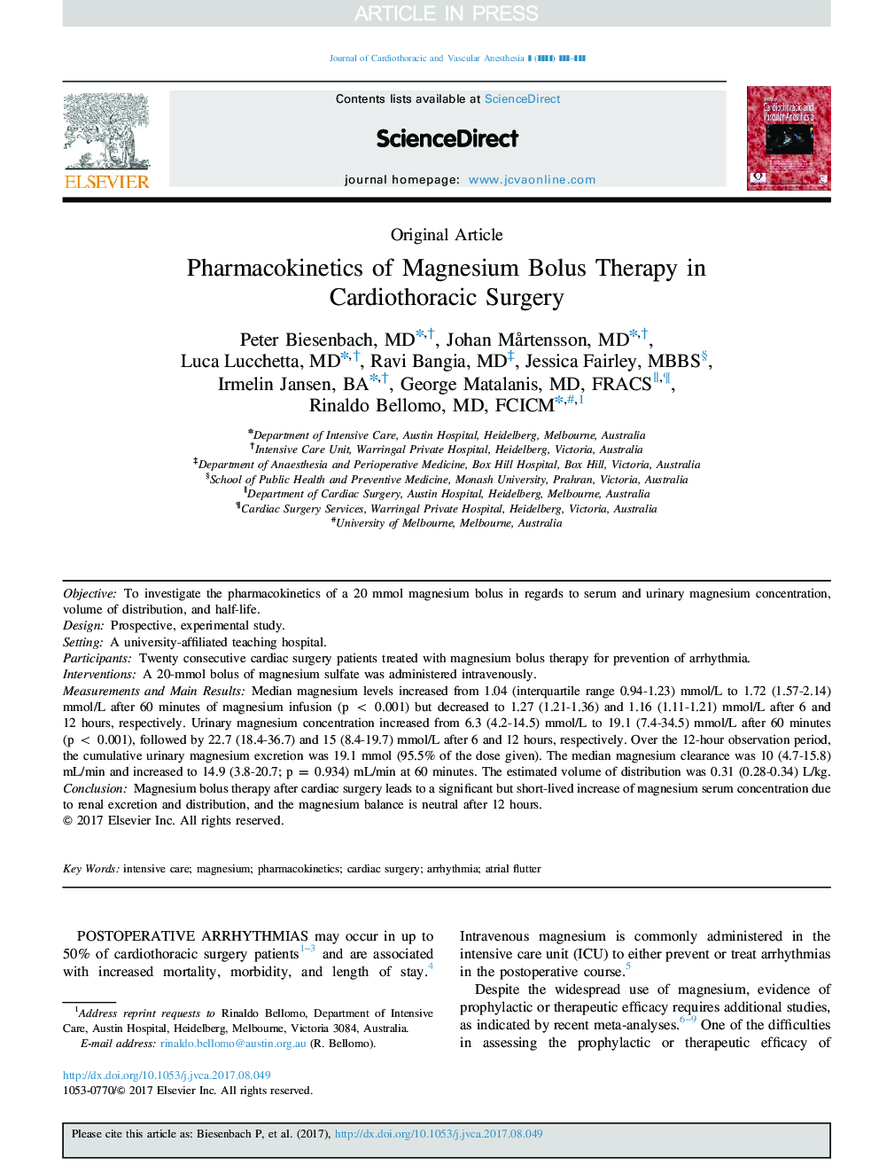 Pharmacokinetics of Magnesium Bolus Therapy in Cardiothoracic Surgery