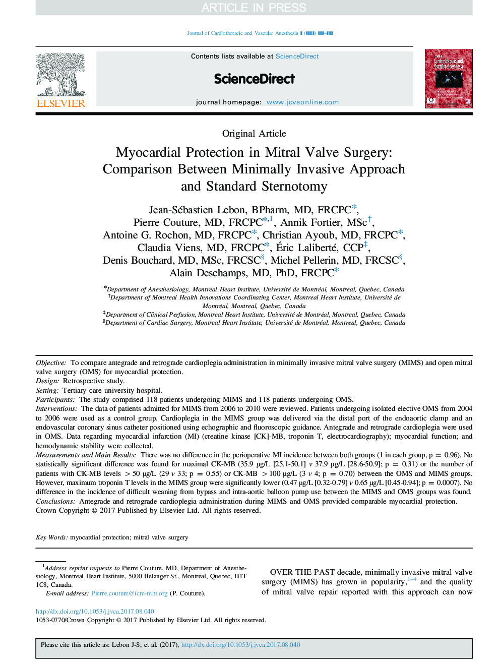 Myocardial Protection in Mitral Valve Surgery: Comparison Between Minimally Invasive Approach and Standard Sternotomy