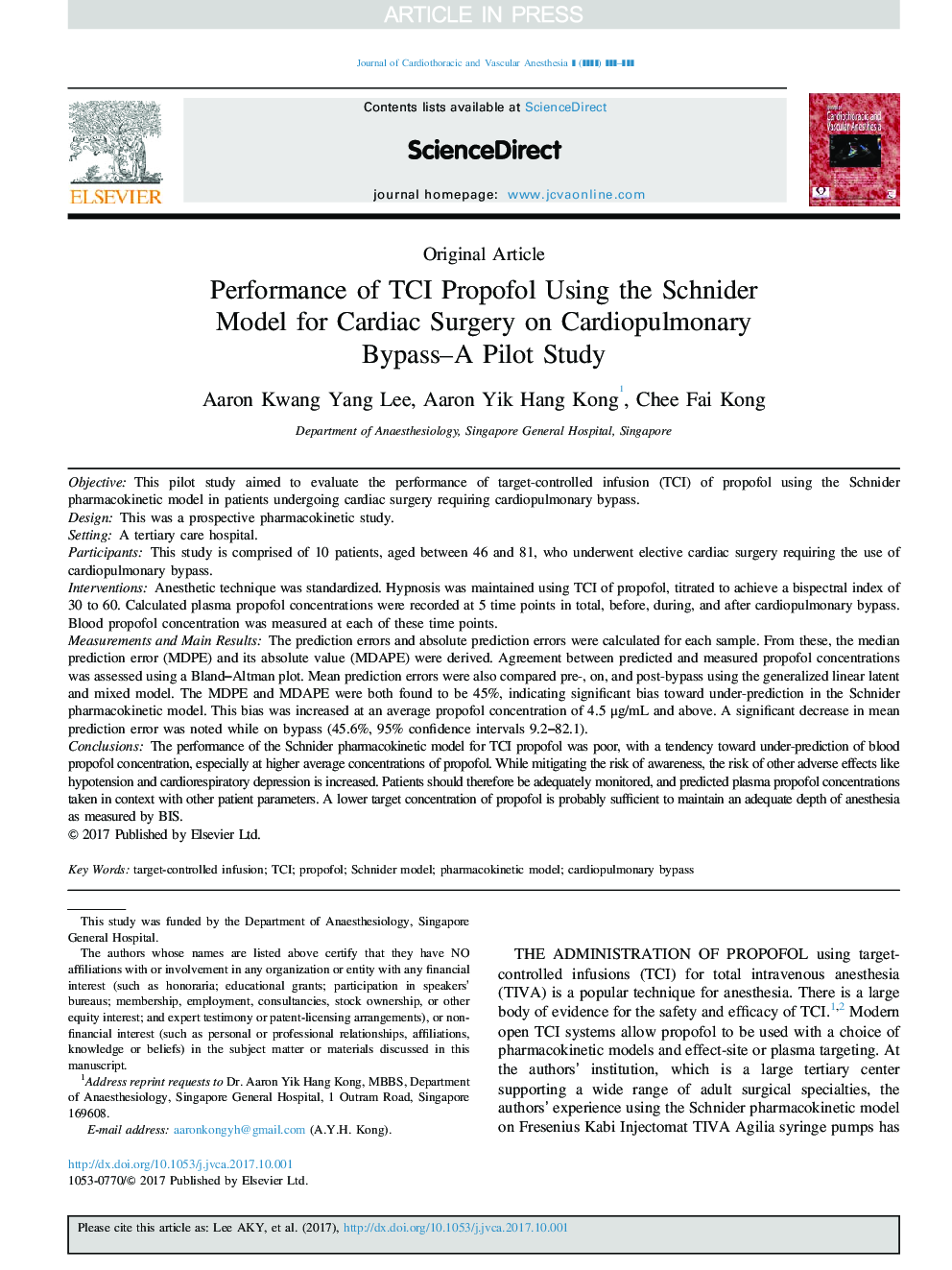 Performance of TCI Propofol Using the Schnider Model for Cardiac Surgery on Cardiopulmonary Bypass-A Pilot Study