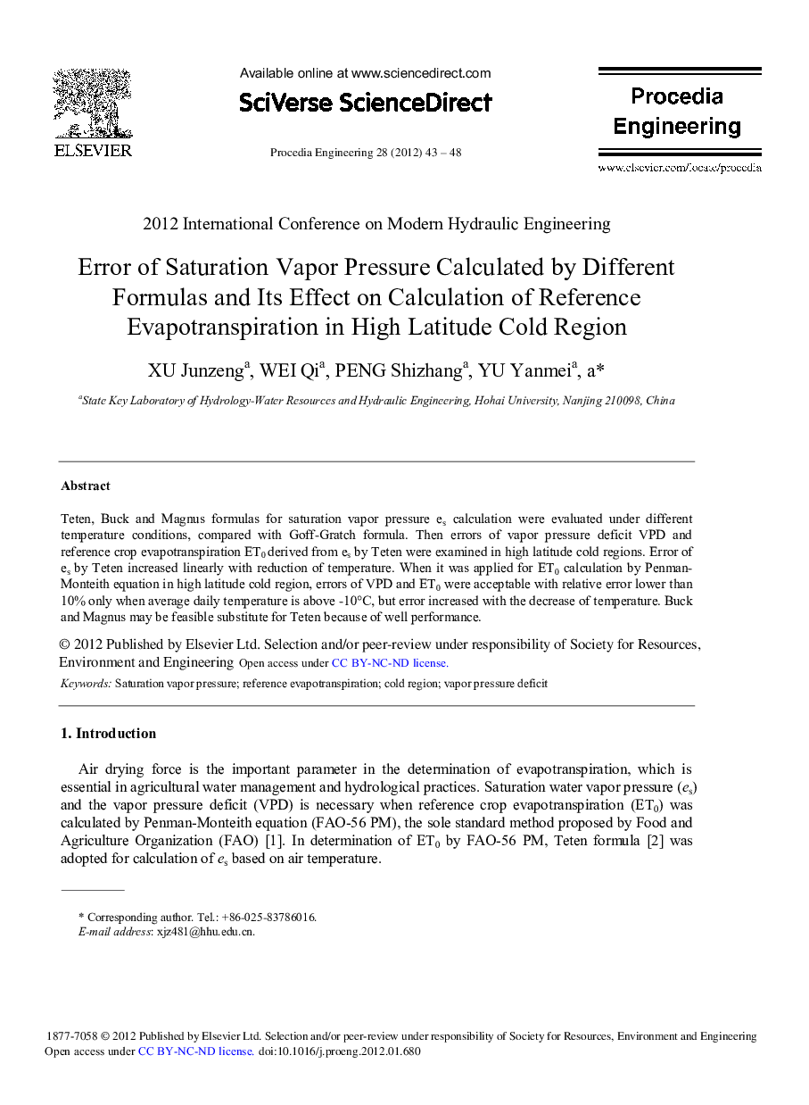 Error of Saturation Vapor Pressure Calculated by Different Formulas and Its Effect on Calculation of Reference Evapotranspiration in High Latitude Cold Region