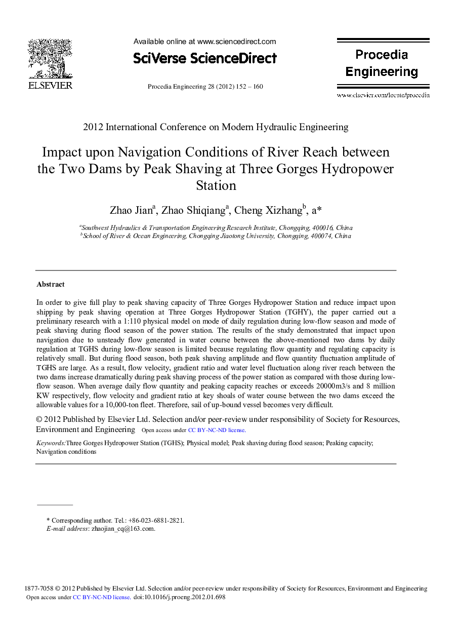 Impact upon Navigation Conditions of River Reach between the Two Dams by Peak Shaving at Three Gorges Hydropower Station