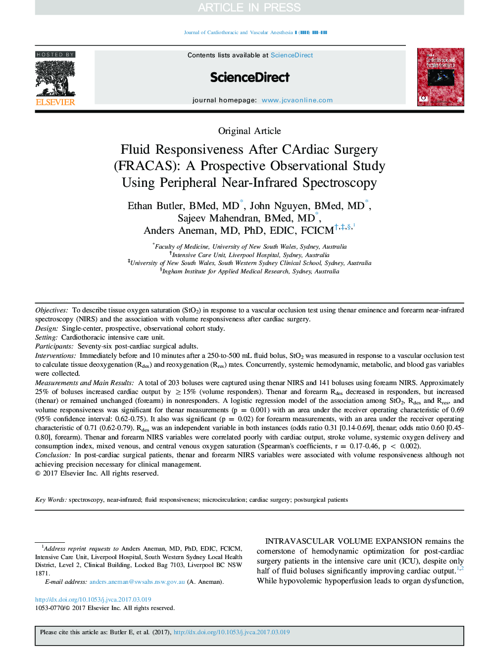 Fluid Responsiveness After CArdiac Surgery (FRACAS): A Prospective Observational Study Using Peripheral Near-Infrared Spectroscopy