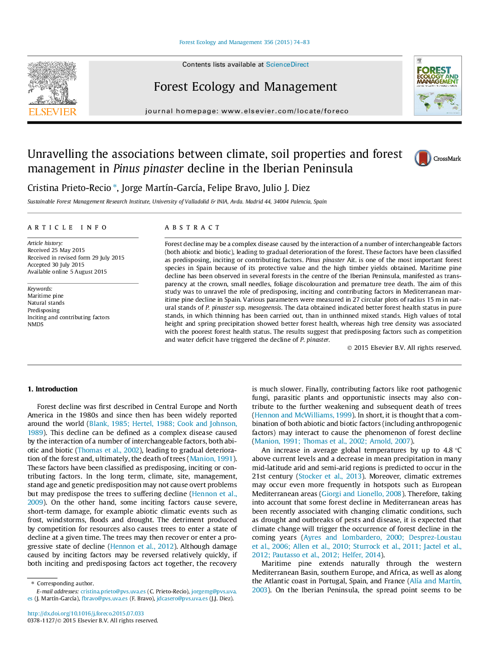 Unravelling the associations between climate, soil properties and forest management in Pinus pinaster decline in the Iberian Peninsula 