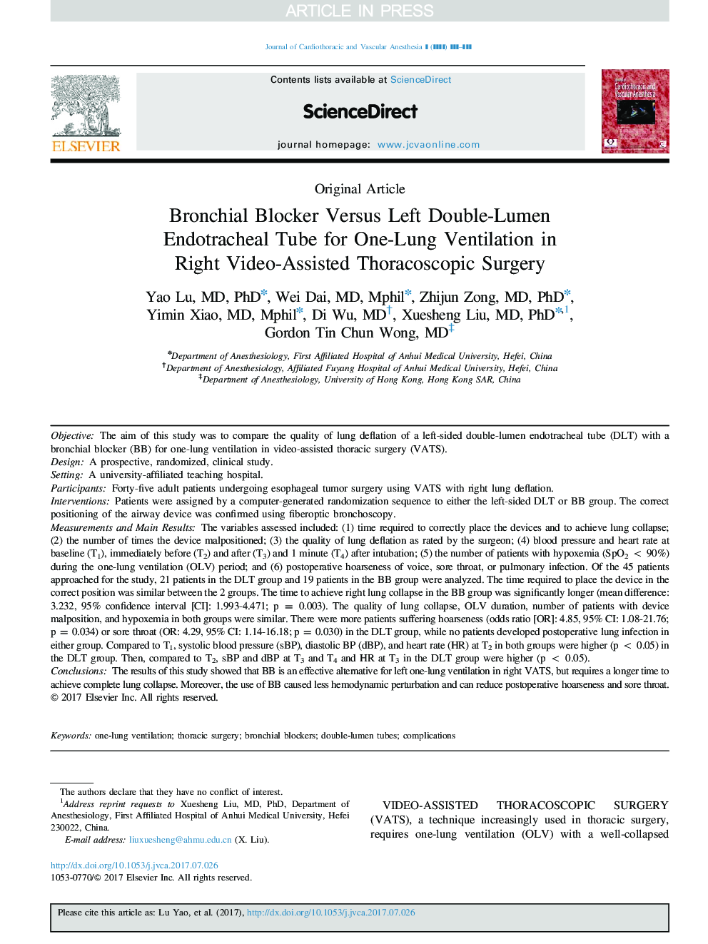 Bronchial Blocker Versus Left Double-Lumen Endotracheal Tube for One-Lung Ventilation in Right Video-Assisted Thoracoscopic Surgery