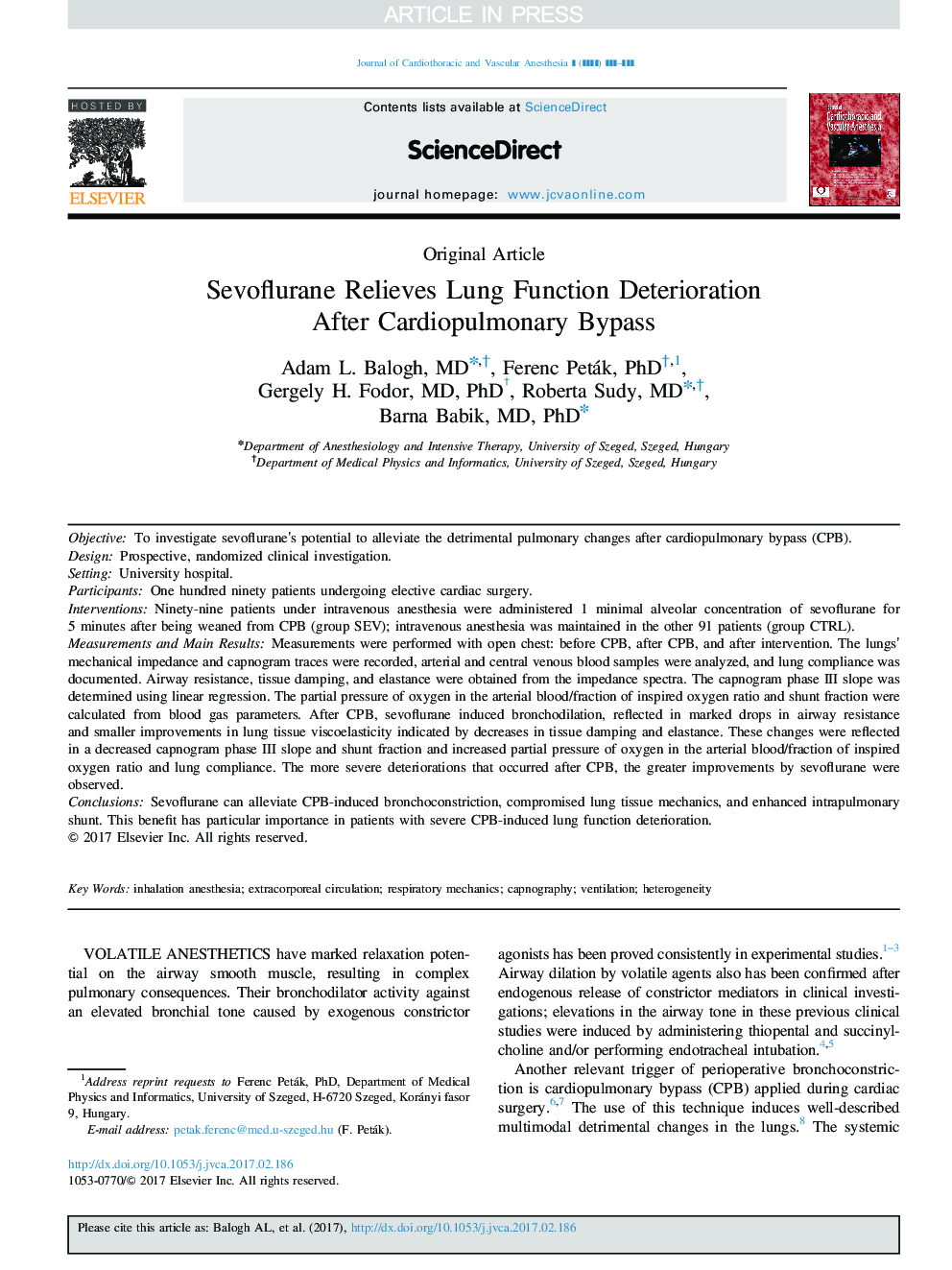 Sevoflurane Relieves Lung Function Deterioration After Cardiopulmonary Bypass