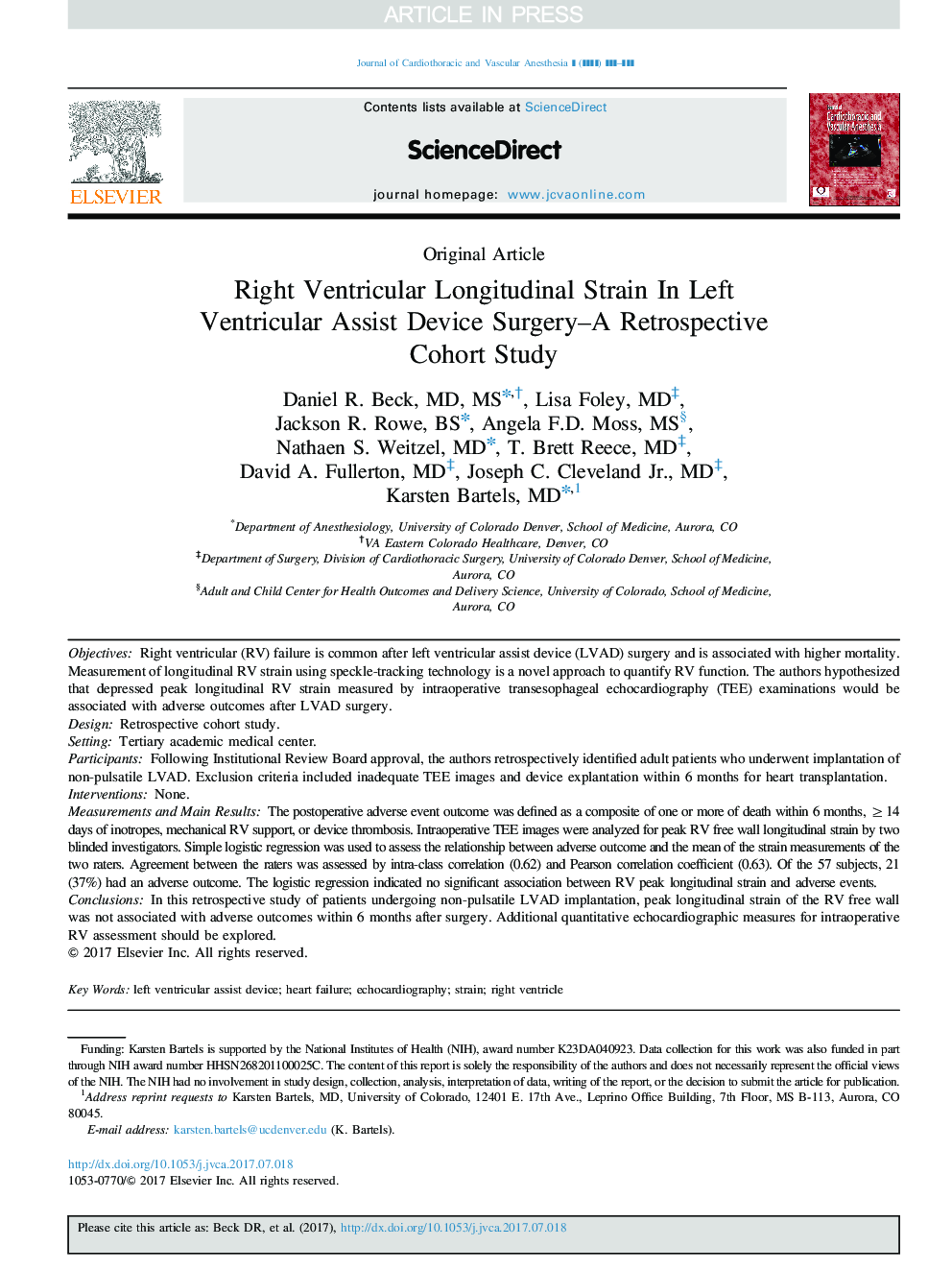 Right Ventricular Longitudinal Strain In Left Ventricular Assist Device Surgery-A Retrospective Cohort Study