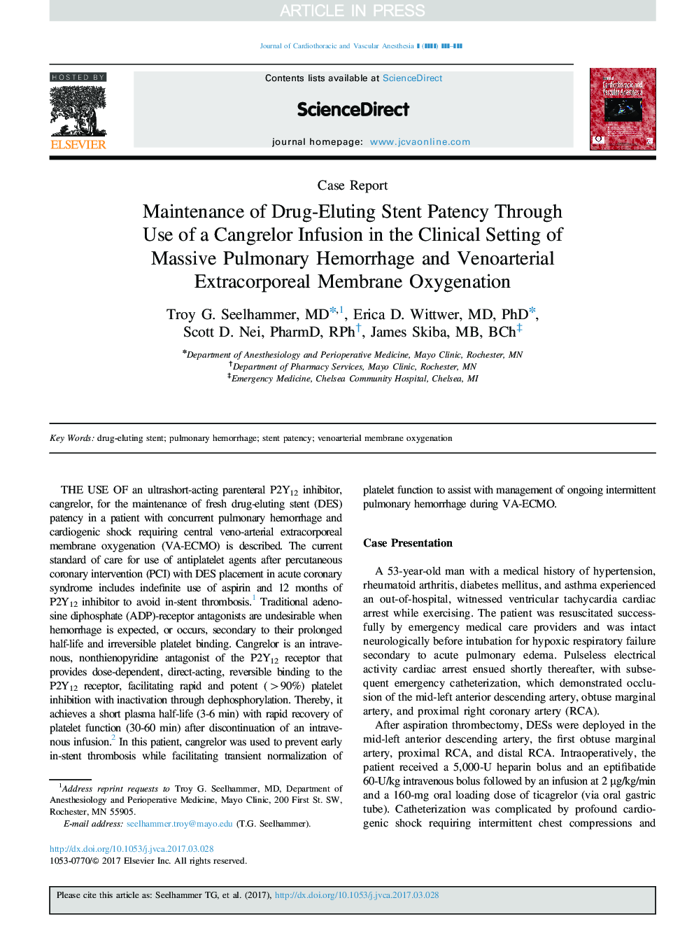 Maintenance of Drug-Eluting Stent Patency Through Use of a Cangrelor Infusion in the Clinical Setting of Massive Pulmonary Hemorrhage and Venoarterial Extracorporeal Membrane Oxygenation