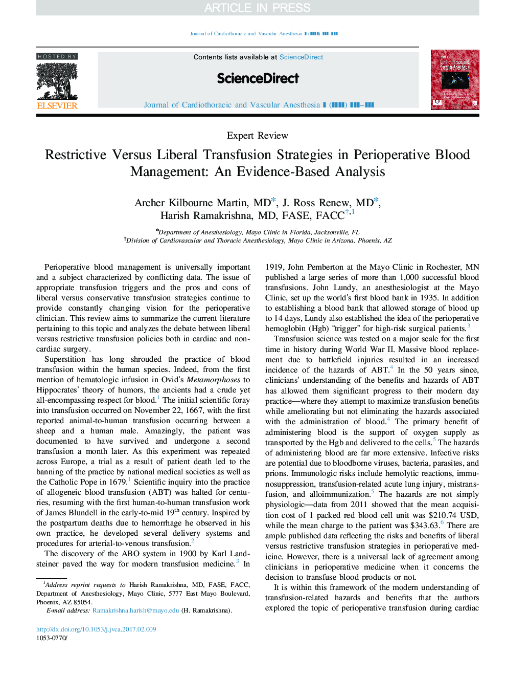 Restrictive Versus Liberal Transfusion Strategies in Perioperative Blood Management: An Evidence-Based Analysis