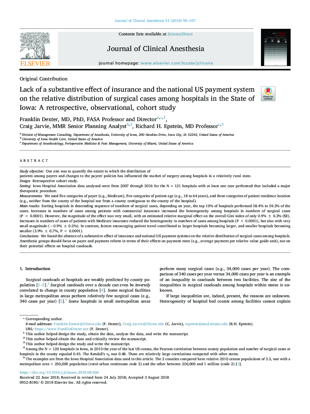 Lack of a substantive effect of insurance and the national US payment system on the relative distribution of surgical cases among hospitals in the State of Iowa: A retrospective, observational, cohort study