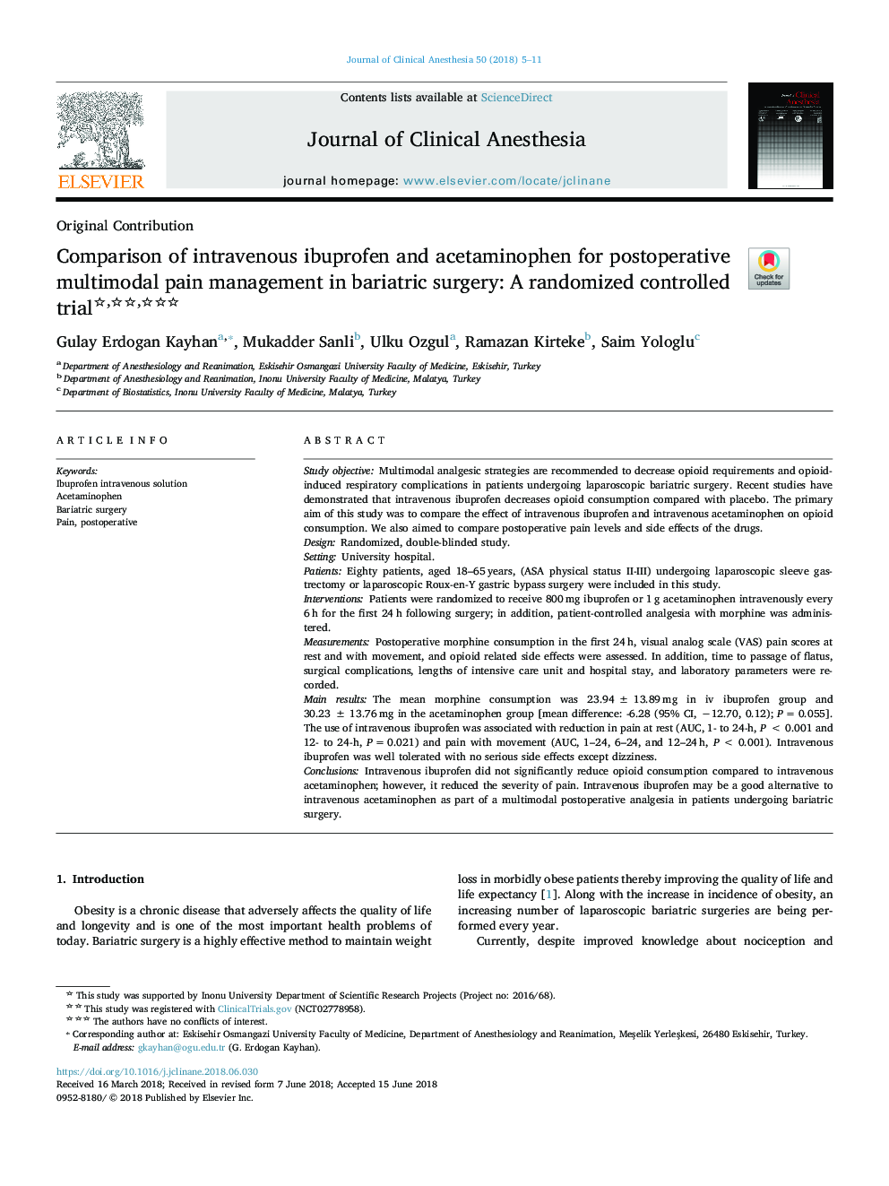 Comparison of intravenous ibuprofen and acetaminophen for postoperative multimodal pain management in bariatric surgery: A randomized controlled trial