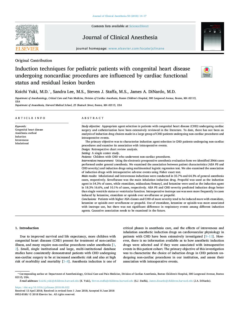 Induction techniques for pediatric patients with congenital heart disease undergoing noncardiac procedures are influenced by cardiac functional status and residual lesion burden