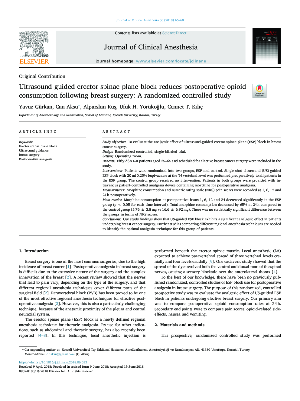 Ultrasound guided erector spinae plane block reduces postoperative opioid consumption following breast surgery: A randomized controlled study
