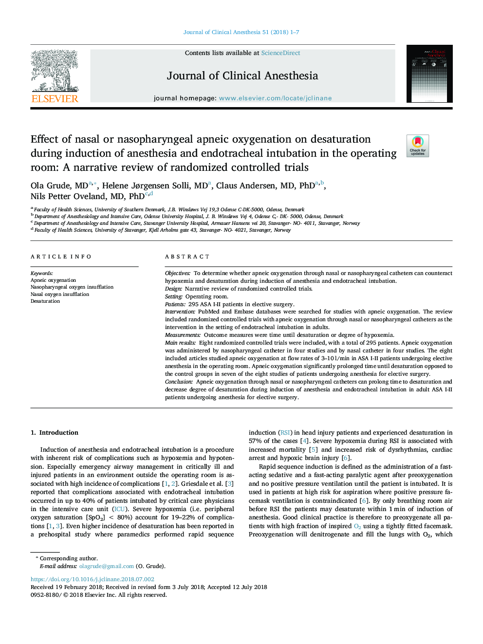 Effect of nasal or nasopharyngeal apneic oxygenation on desaturation during induction of anesthesia and endotracheal intubation in the operating room: A narrative review of randomized controlled trials