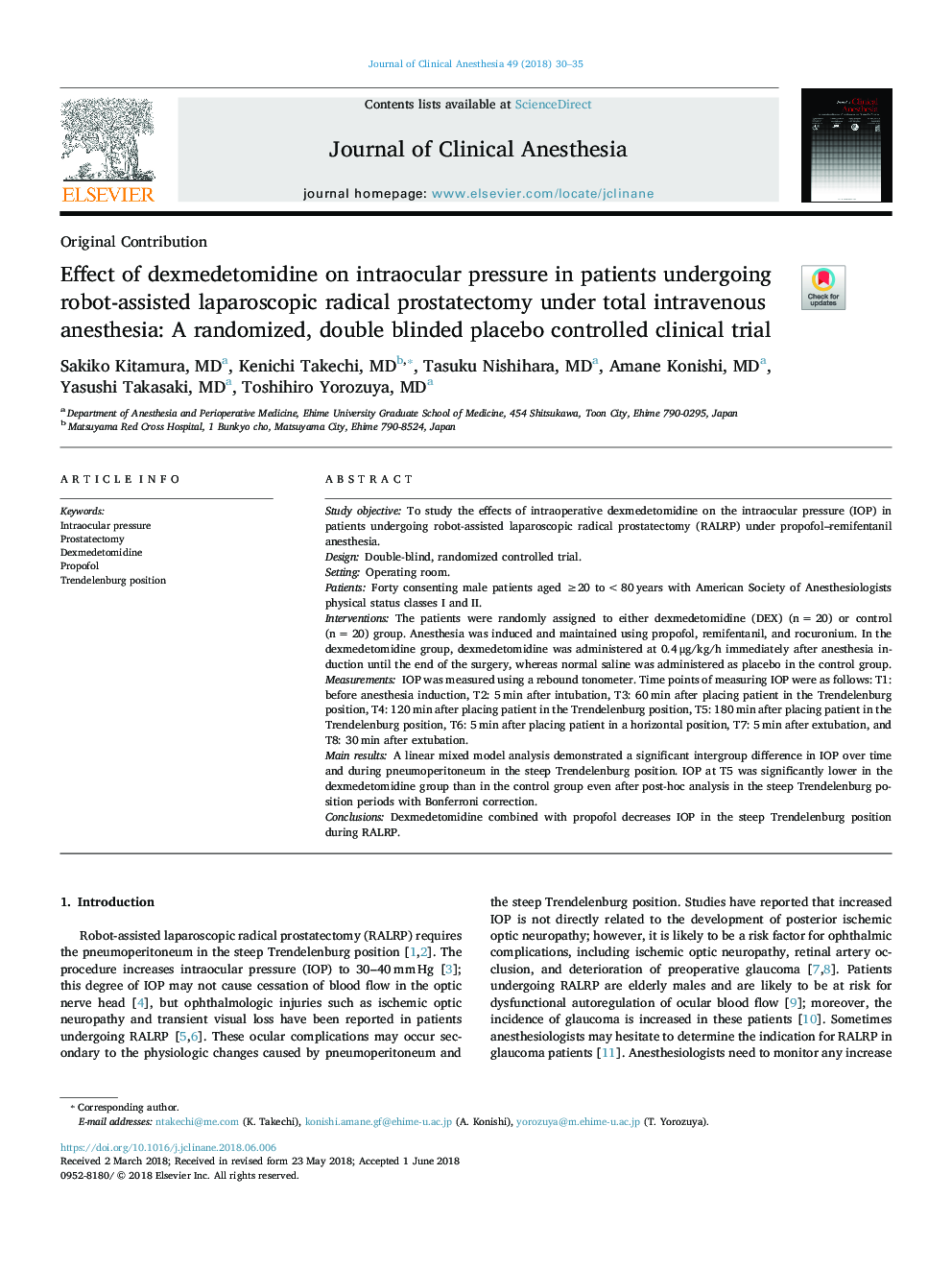 Effect of dexmedetomidine on intraocular pressure in patients undergoing robot-assisted laparoscopic radical prostatectomy under total intravenous anesthesia: A randomized, double blinded placebo controlled clinical trial