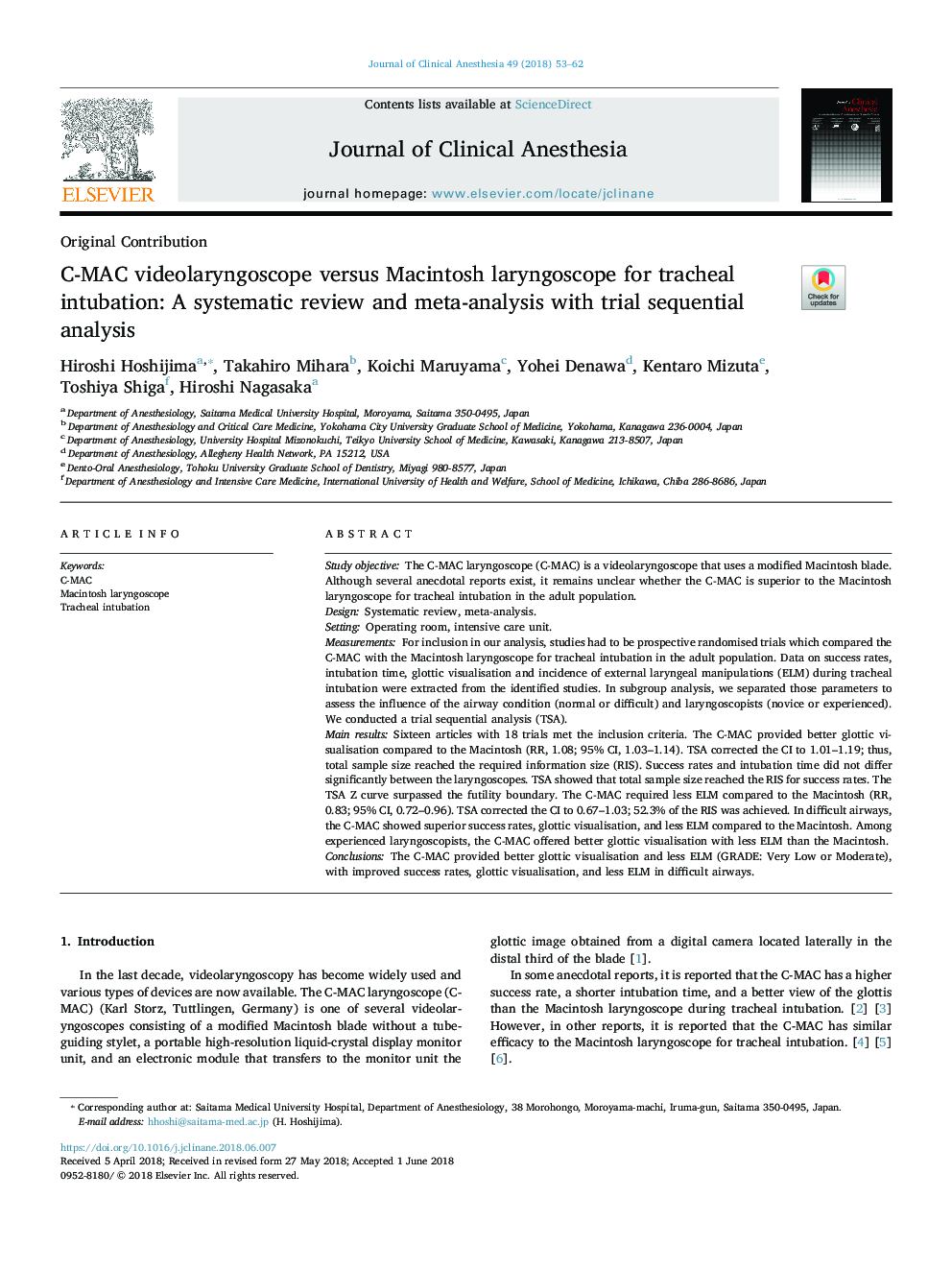 C-MAC videolaryngoscope versus Macintosh laryngoscope for tracheal intubation: A systematic review and meta-analysis with trial sequential analysis