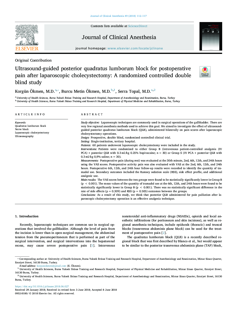 Ultrasound-guided posterior quadratus lumborum block for postoperative pain after laparoscopic cholecystectomy: A randomized controlled double blind study