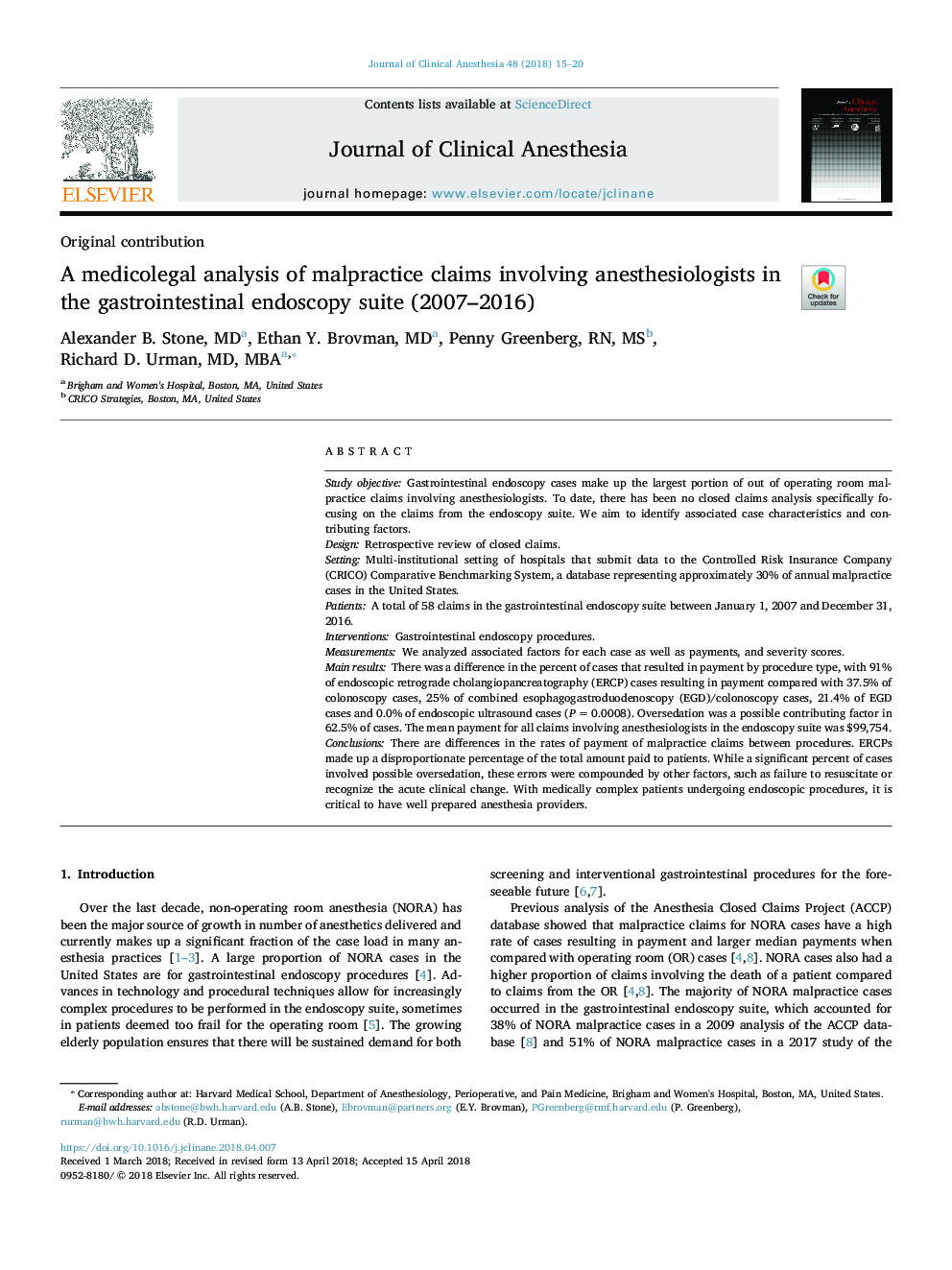 A medicolegal analysis of malpractice claims involving anesthesiologists in the gastrointestinal endoscopy suite (2007-2016)