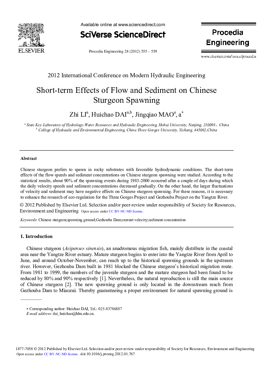 Short-term Effects of Flow and Sediment on Chinese Sturgeon Spawning