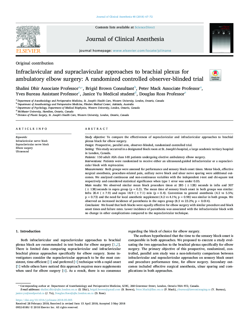 Infraclavicular and supraclavicular approaches to brachial plexus for ambulatory elbow surgery: A randomized controlled observer-blinded trial