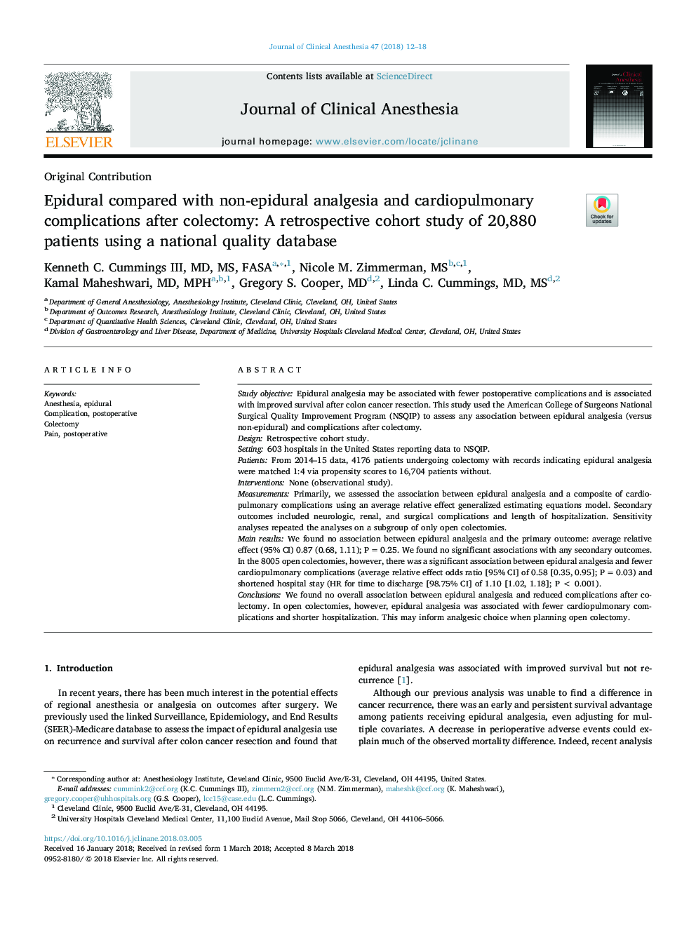 Epidural compared with non-epidural analgesia and cardiopulmonary complications after colectomy: A retrospective cohort study of 20,880 patients using a national quality database