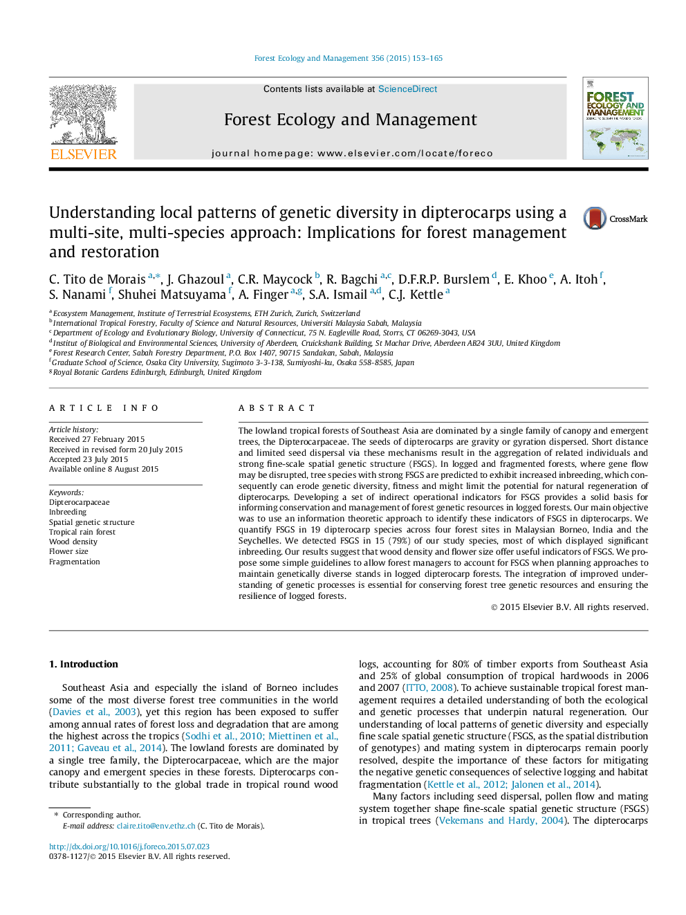 Understanding local patterns of genetic diversity in dipterocarps using a multi-site, multi-species approach: Implications for forest management and restoration 