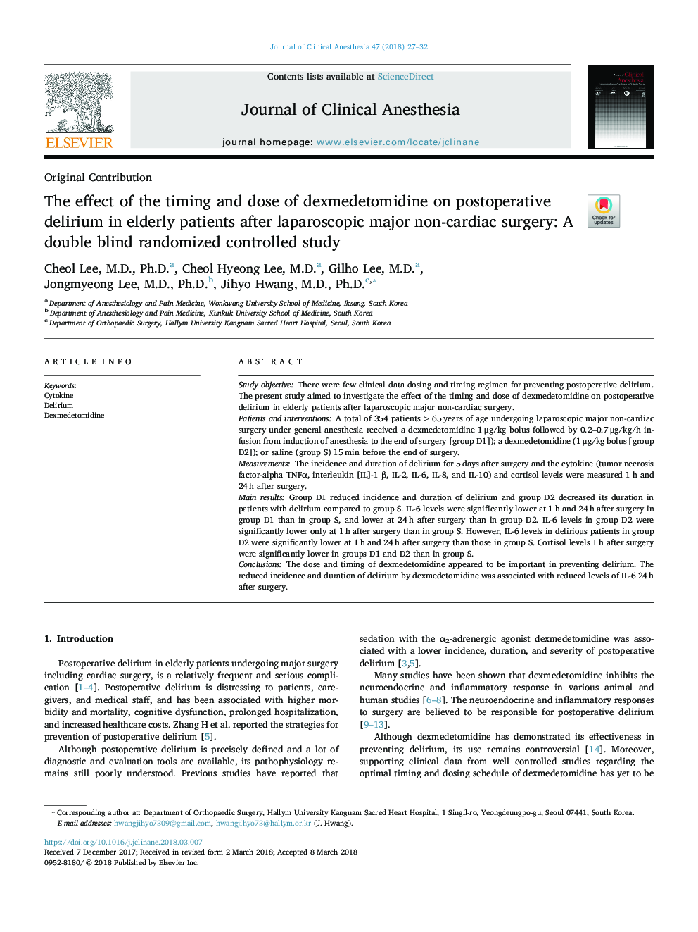 The effect of the timing and dose of dexmedetomidine on postoperative delirium in elderly patients after laparoscopic major non-cardiac surgery: A double blind randomized controlled study